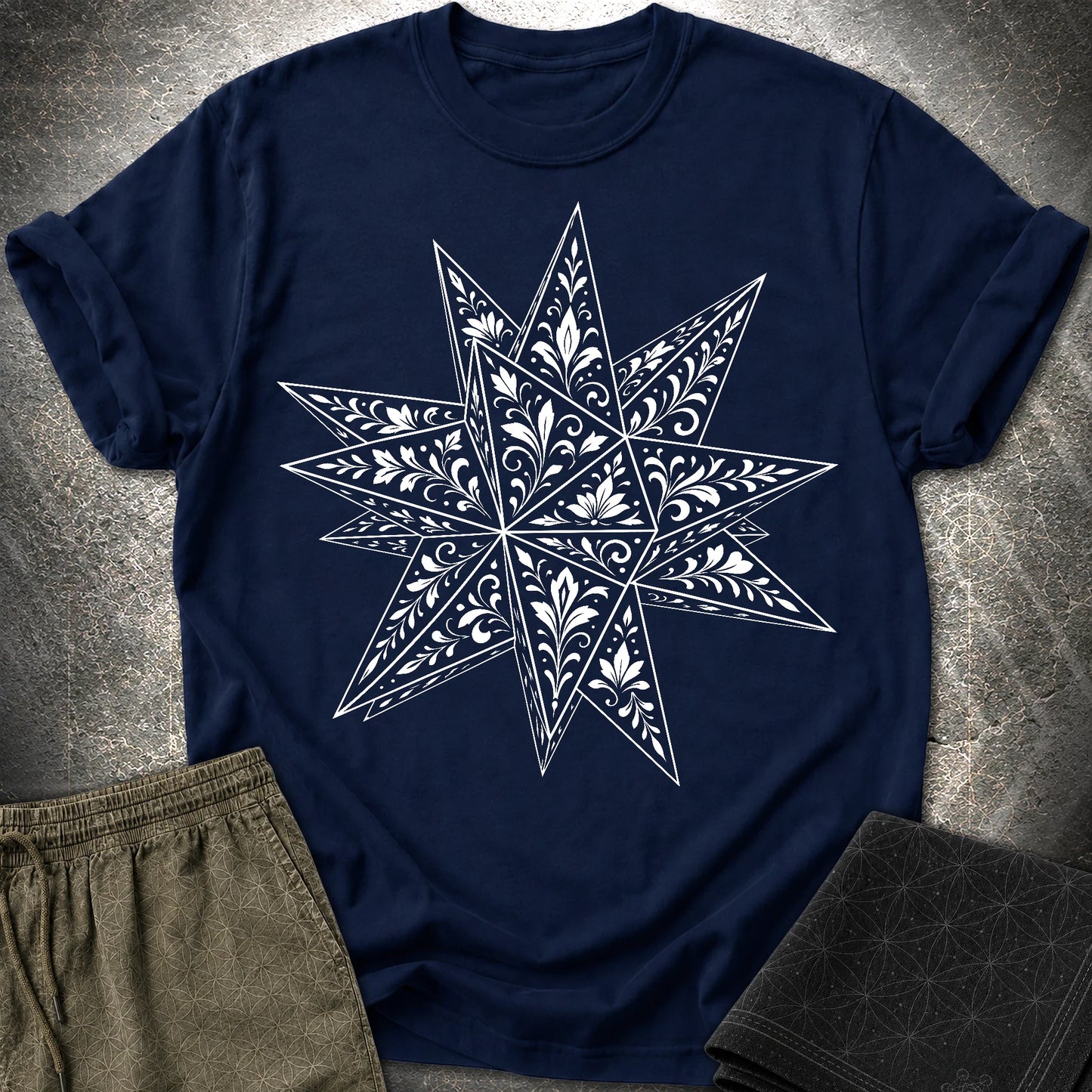 White Floral Stellated Dodecahedron - White Floral Stellated Dodecahedron T-Shirt - Navy