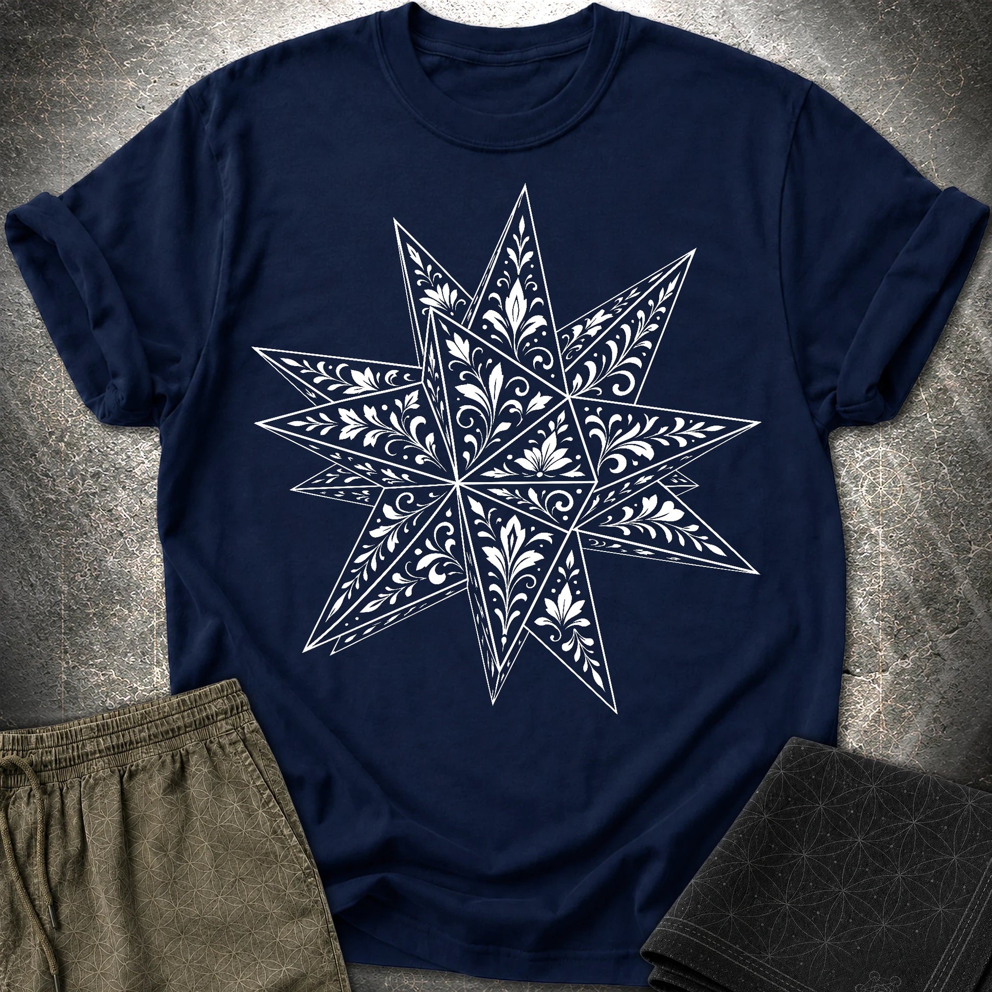 White Floral Stellated Dodecahedron - White Floral Stellated Dodecahedron T-Shirt - Navy