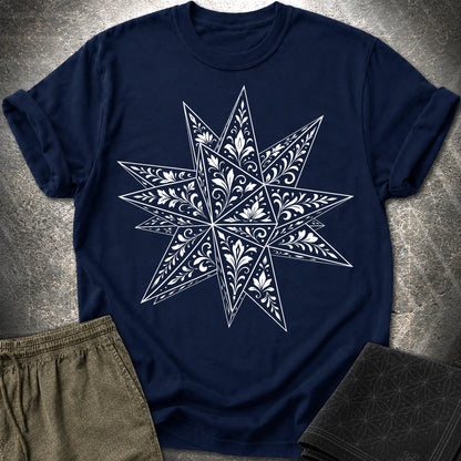 White Floral Stellated Dodecahedron - White Floral Stellated Dodecahedron T-Shirt - Navy