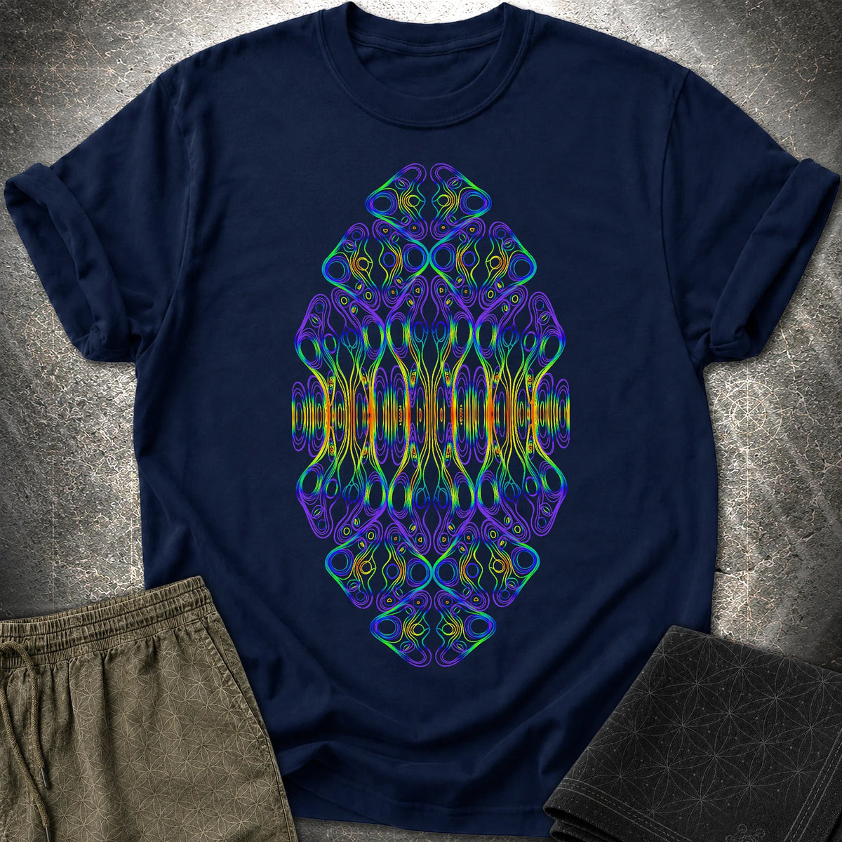 Psychedelic Rainbow Trippy Kaleidoscope Rave T-Shirt - Psychedelic Rainbow Trippy Kaleidoscope Rave T-Shirt - Navy