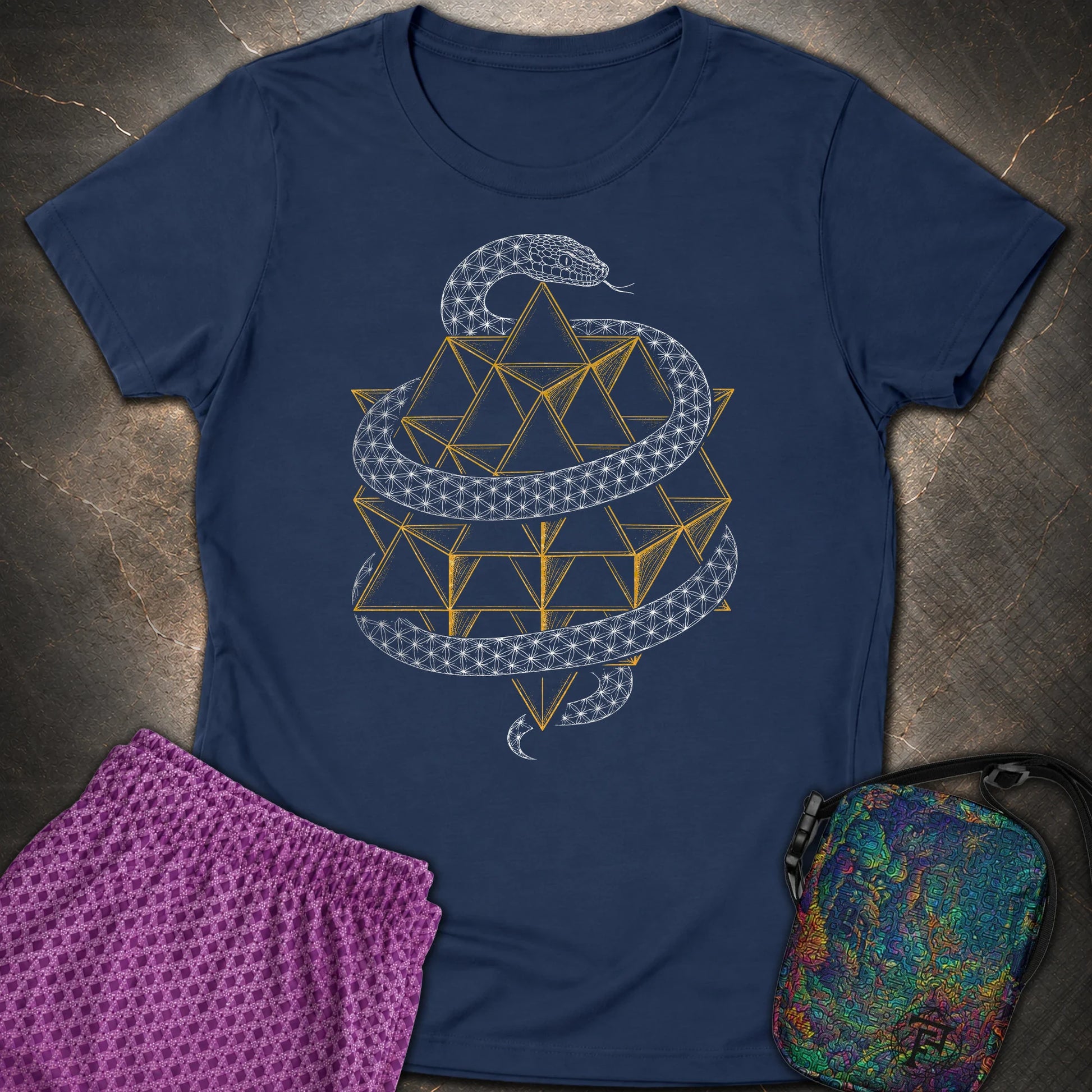 Serpent Tetrahedron Merkaba Geometry - Serpent Tetrahedron Merkaba Geometry Womens T-Shirt - Navy