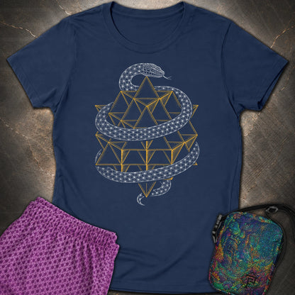 Serpent Tetrahedron Merkaba Geometry - Serpent Tetrahedron Merkaba Geometry Womens T-Shirt - Navy