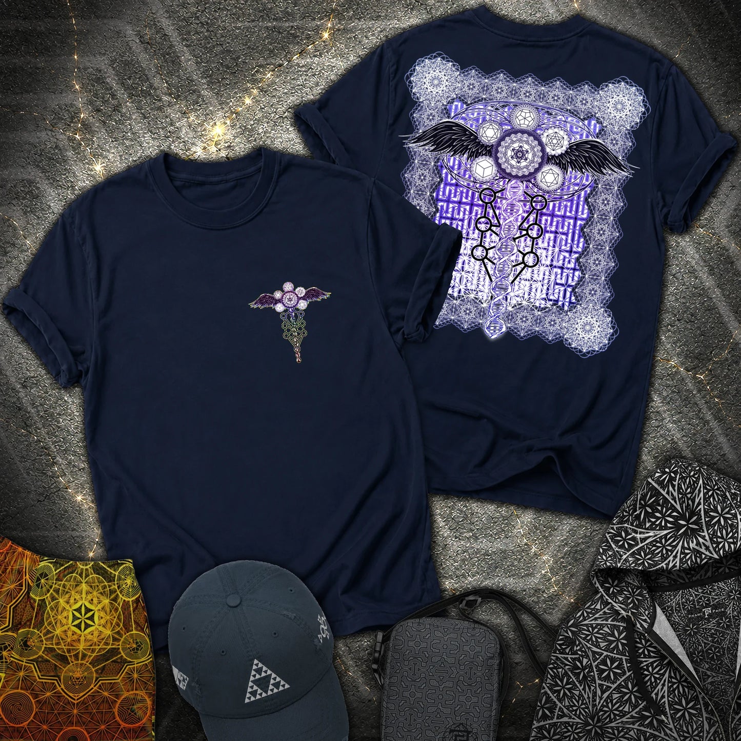 Winged Metatron DNA 2 Sided T-Shirt - Winged Metatron DNA 2 Sided T-Shirt - Navy