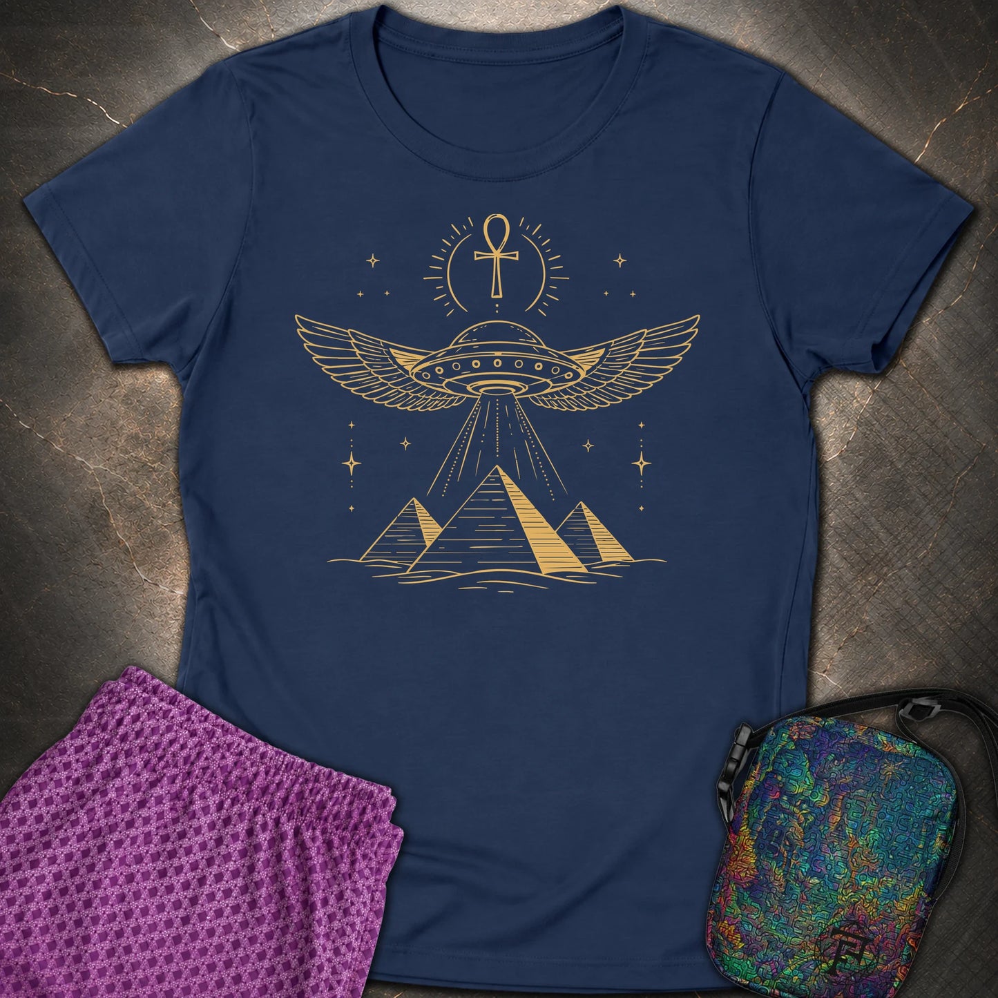 Winged Starship Over the Pyramids - Winged Starship Over the Pyramids Womens T-Shirt - Navy