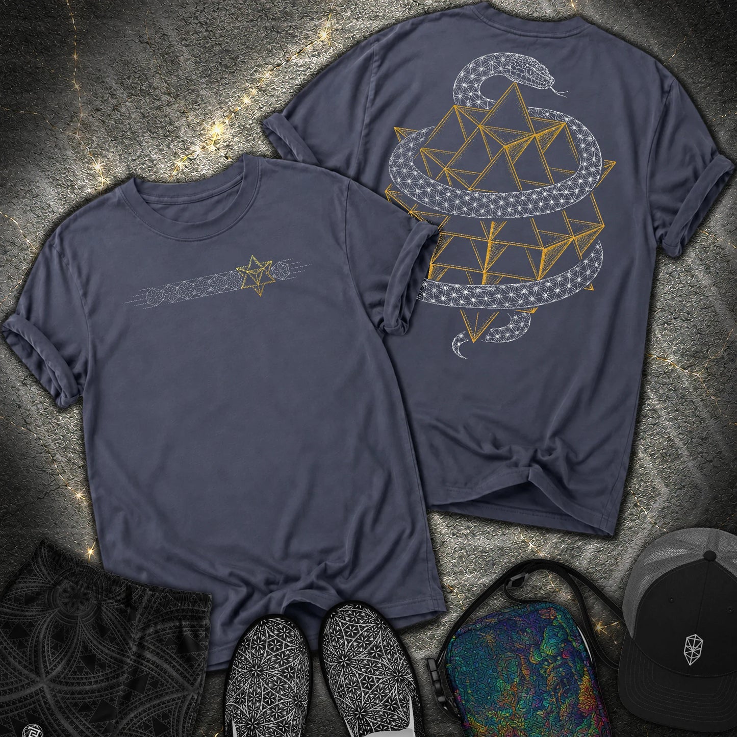 Serpent Tetrahedron Merkaba Geometry 2 Sided Comfort T-Shirt - Serpent Tetrahedron Merkaba Geometry 2 Sided Comfort T-Shirt - Navy