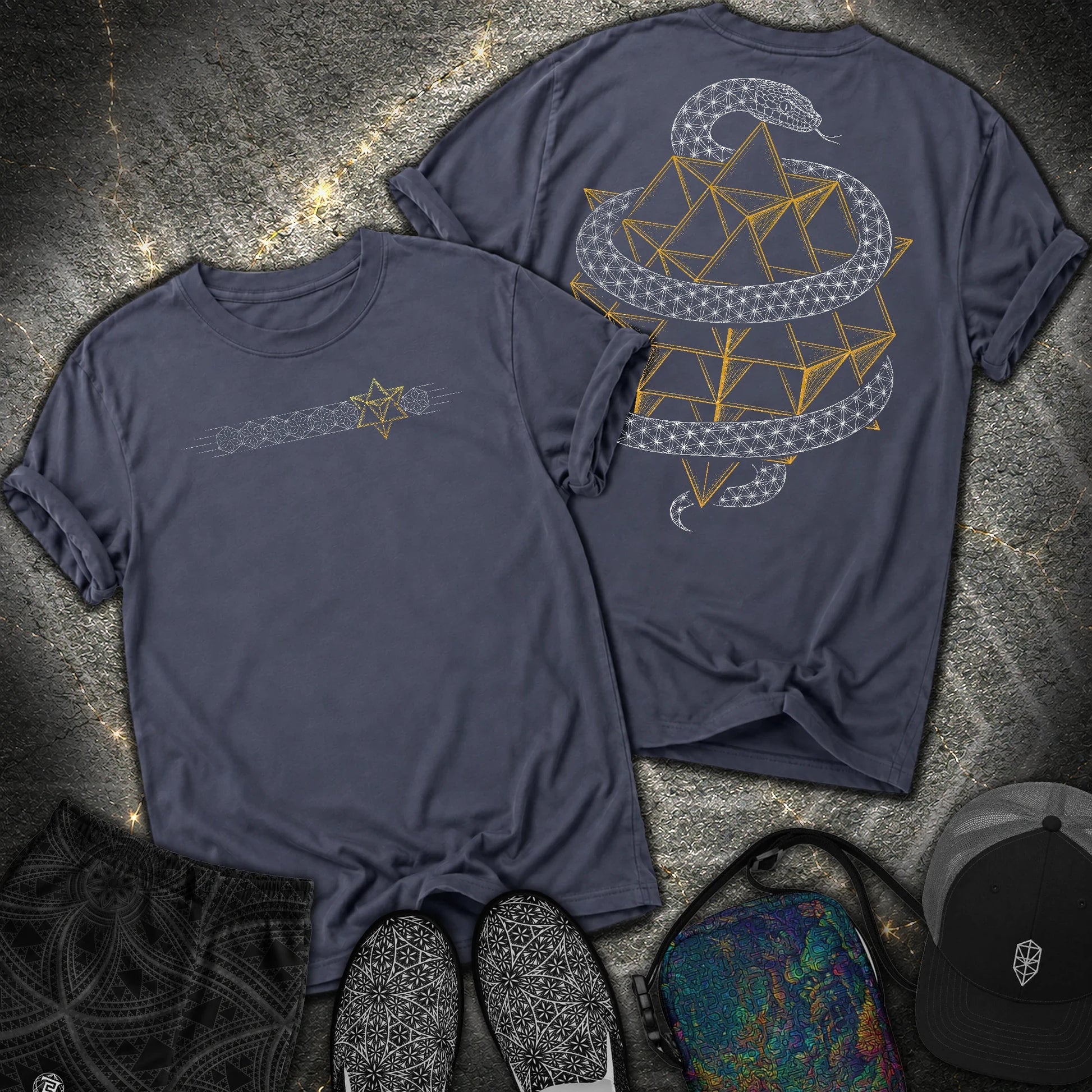 Serpent Tetrahedron Merkaba Geometry 2 Sided Comfort T-Shirt - Serpent Tetrahedron Merkaba Geometry 2 Sided Comfort T-Shirt - Navy