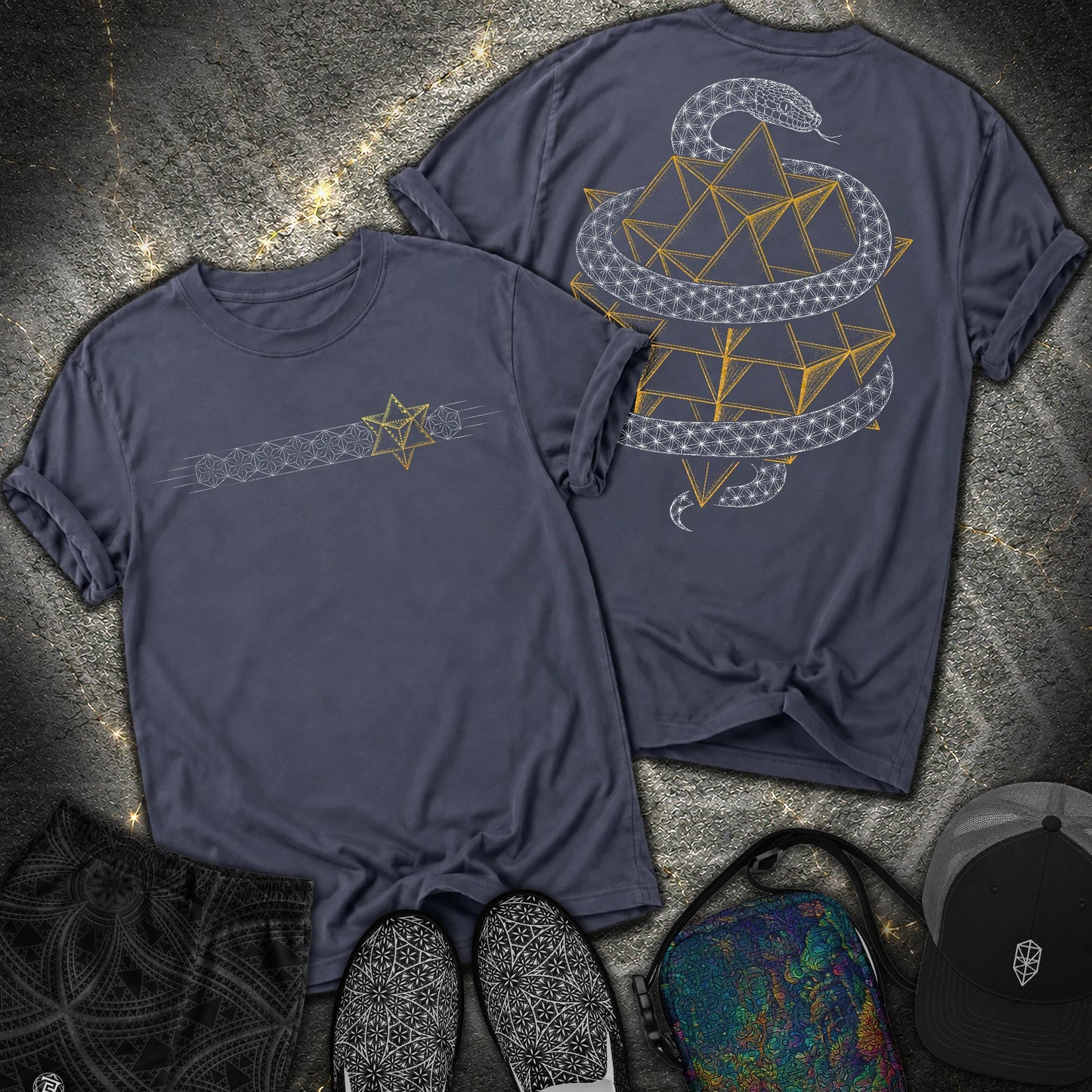 Serpent Tetrahedron Merkaba Geometry - Serpent Tetrahedron Merkaba Geometry 2 Sided Comfort T-Shirt - Navy