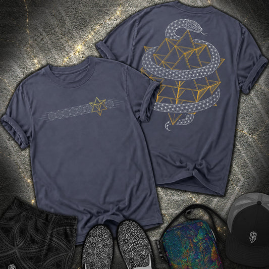 Serpent Tetrahedron Merkaba Geometry - Serpent Tetrahedron Merkaba Geometry 2 Sided Comfort T-Shirt - Navy