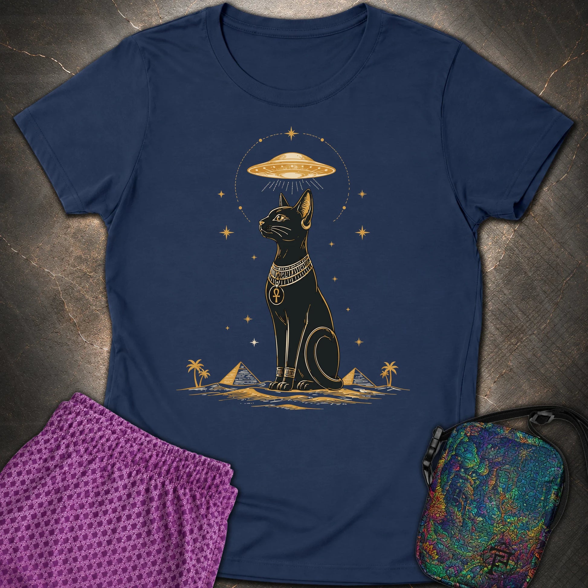 Celestial Cat Beneath the Starship - Celestial Cat Beneath the Starship Womens T-Shirt - Navy