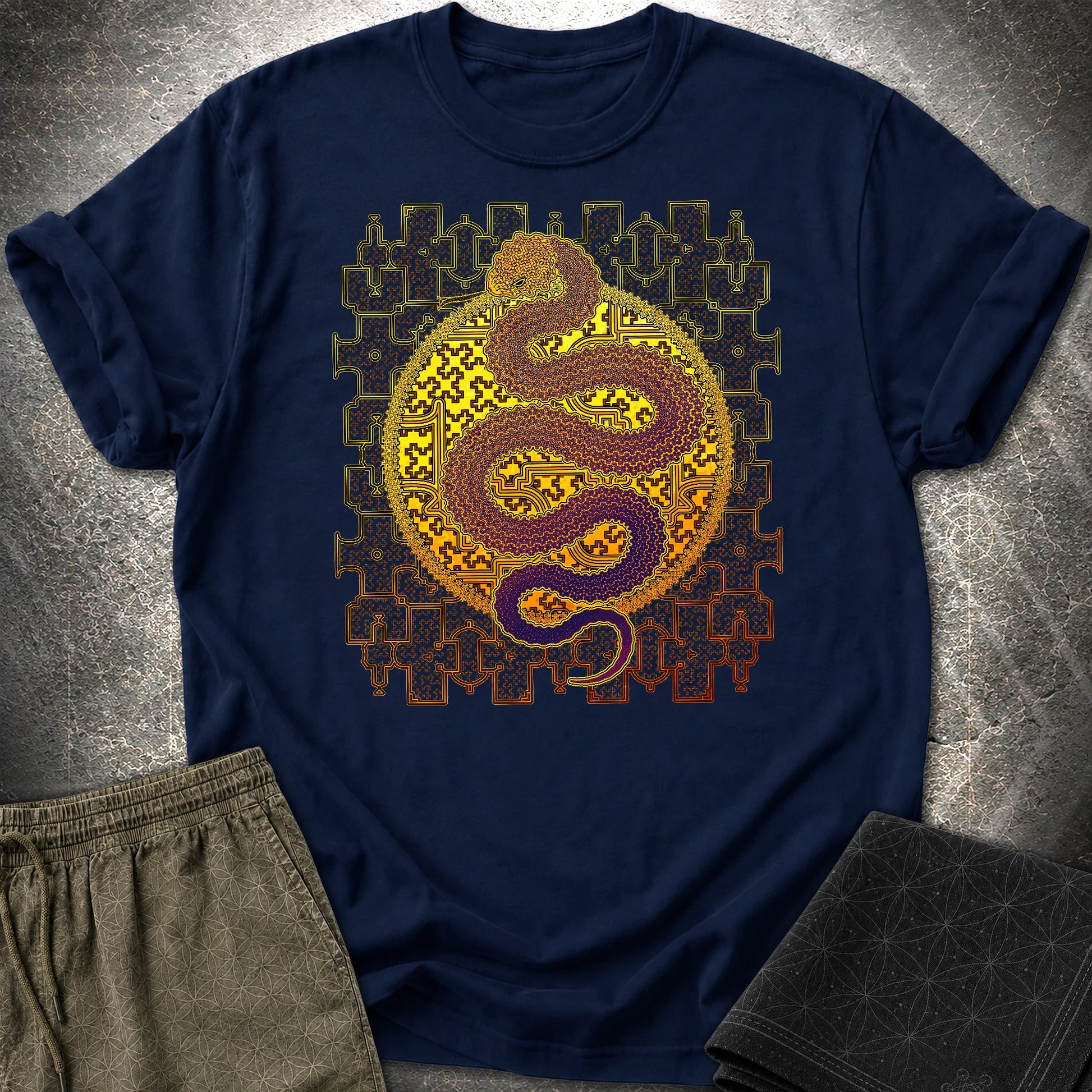 Shipibo Kene Cosmic Snake T-Shirt - Shipibo Kene Cosmic Snake T-Shirt - Navy