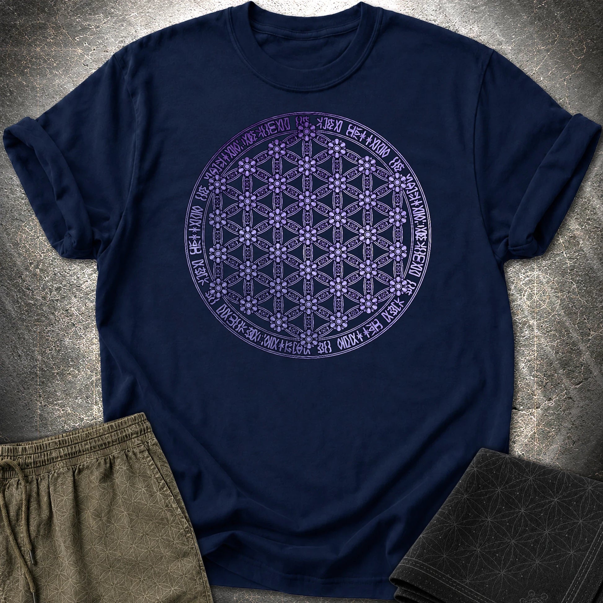 Purple Flower Of Life Foo Lion T-Shirt - Purple Flower Of Life Foo Lion T-Shirt - Navy
