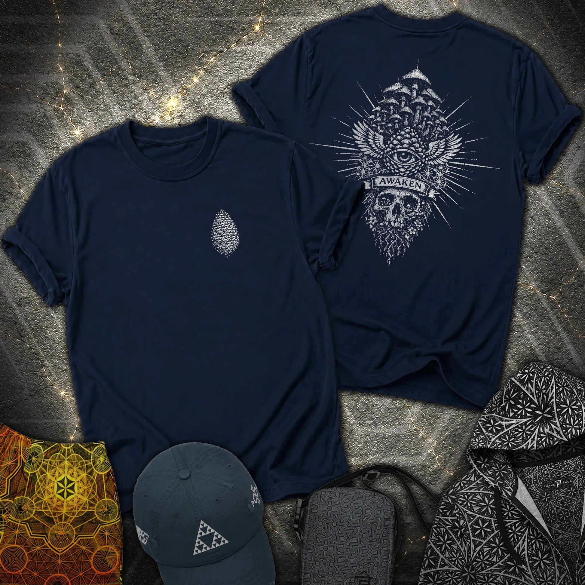 Mushroom Awakening 2 Sided T-Shirt - Mushroom Awakening 2 Sided T-Shirt - Navy