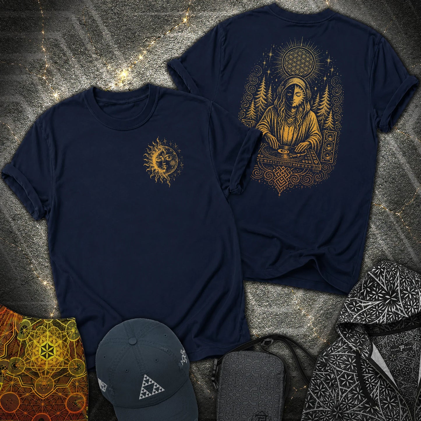 Celestial Sun Moon Mystic DJ Shirt 2 Sided T-Shirt - Celestial Sun Moon Mystic DJ Shirt 2 Sided T-Shirt - Navy