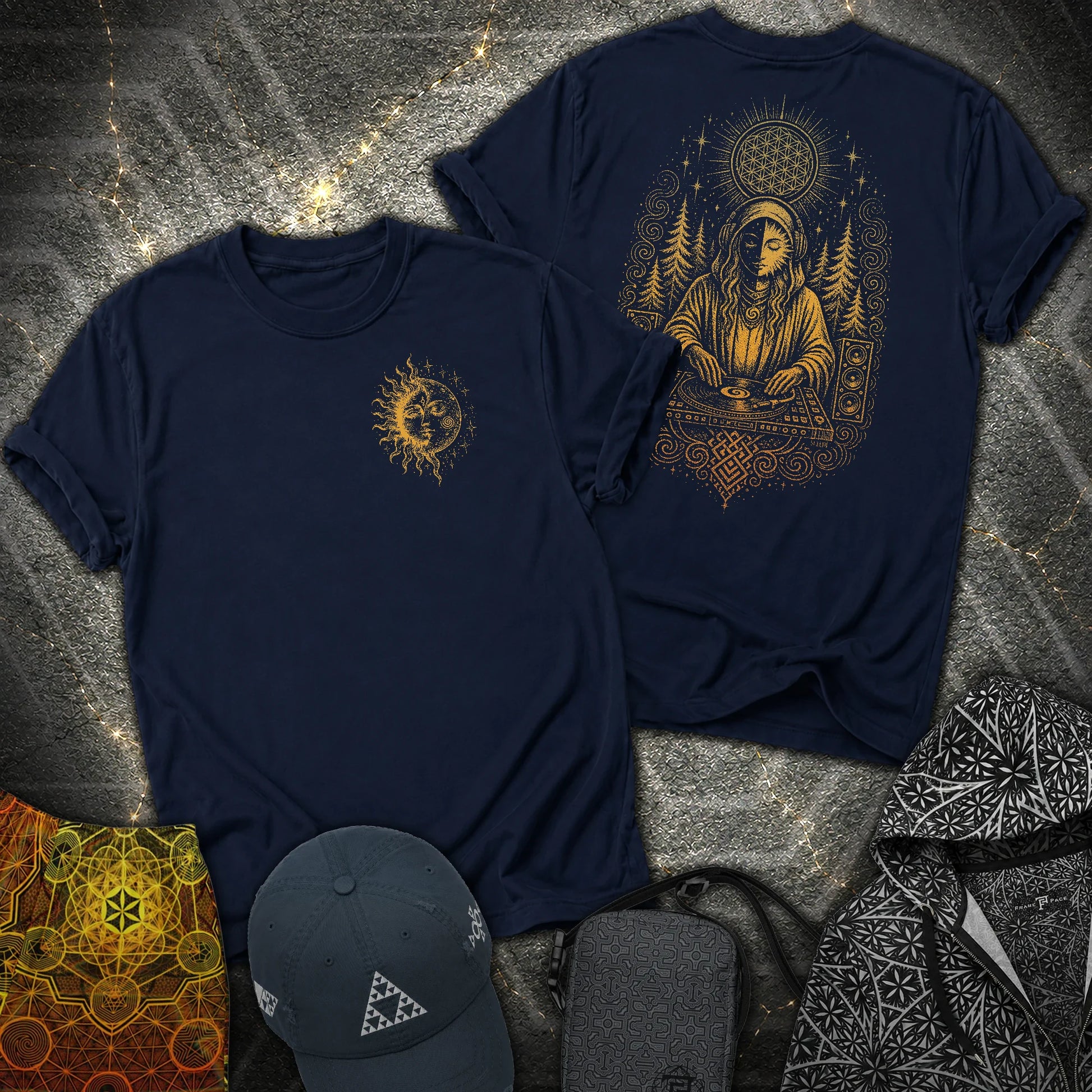 Celestial Sun Moon Mystic DJ Shirt 2 Sided T-Shirt - Celestial Sun Moon Mystic DJ Shirt 2 Sided T-Shirt - Navy