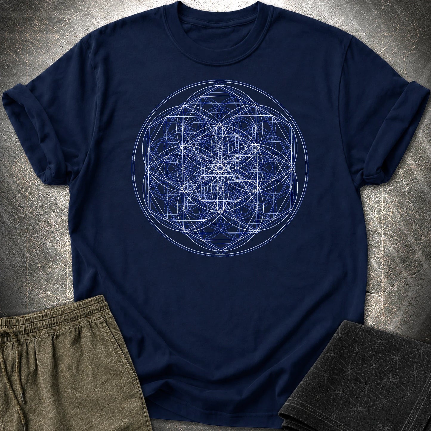 Sacred Flower Grids T-Shirt - Sacred Flower Grids T-Shirt - Navy