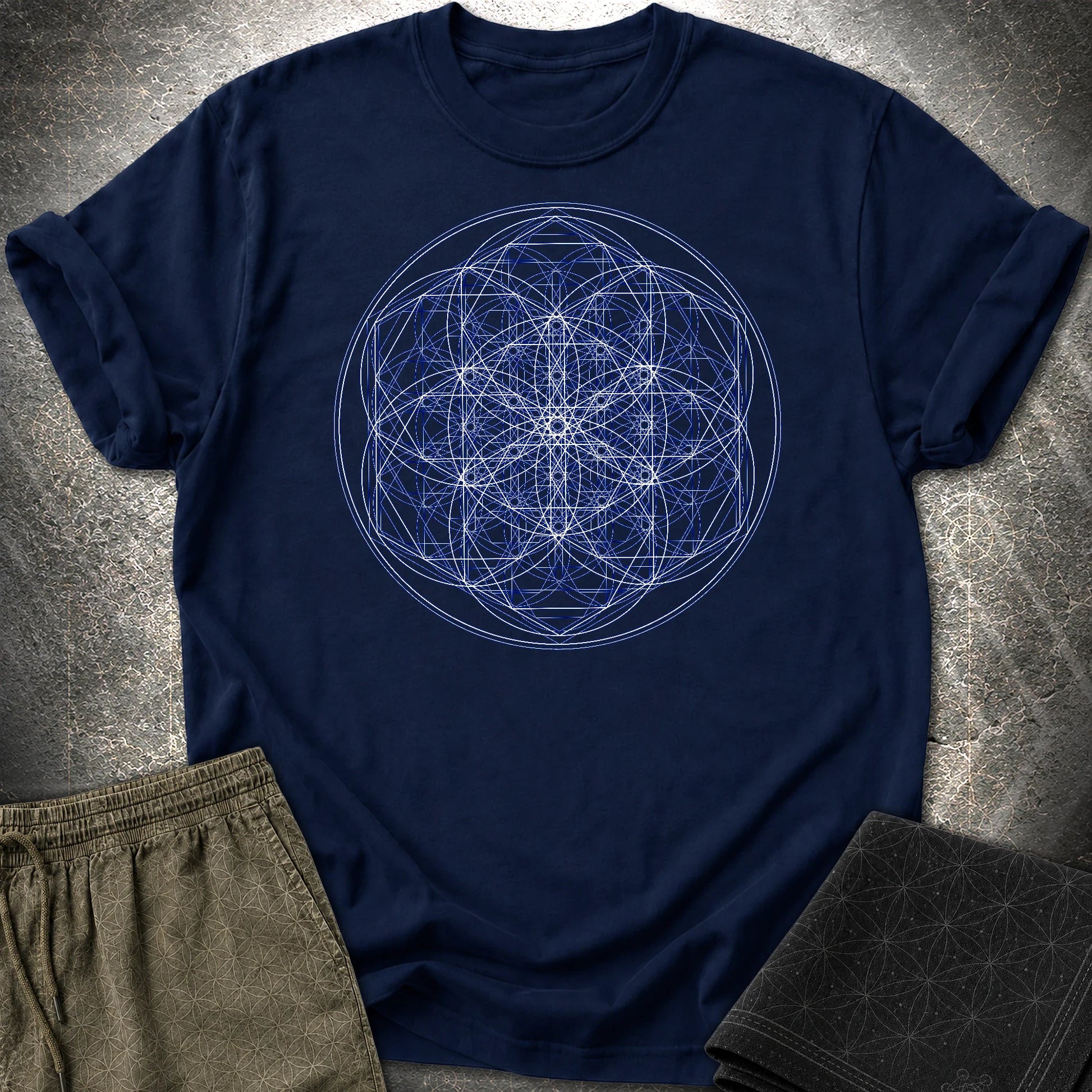 Sacred Flower Grids T-Shirt - Sacred Flower Grids T-Shirt - Navy