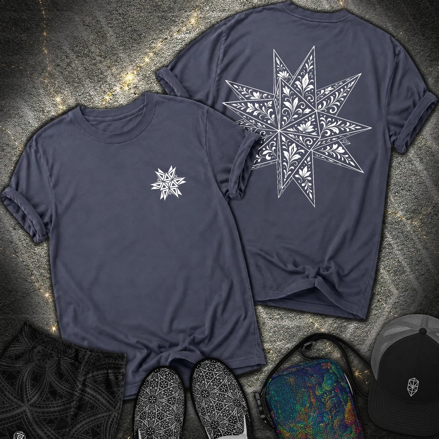 White Floral Stellated Dodecahedron 2 Sided Comfort T-Shirt - White Floral Stellated Dodecahedron 2 Sided Comfort T-Shirt - Navy