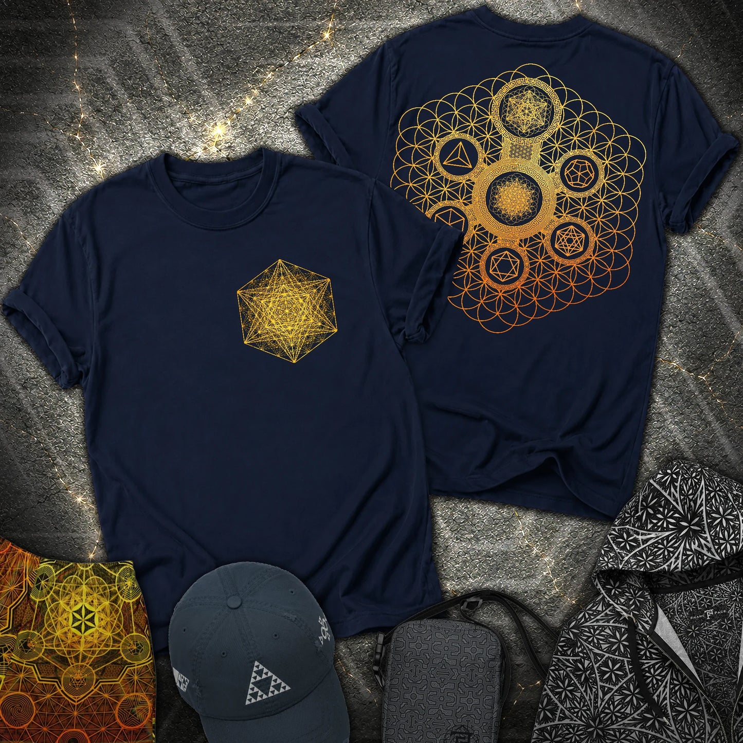 Metatron Tetrahedron Platonic Solids 2 Sided T-Shirt - Metatron Tetrahedron Platonic Solids 2 Sided T-Shirt - Navy