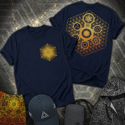 Metatron Tetrahedron Platonic Solids 2 Sided T-Shirt - Metatron Tetrahedron Platonic Solids 2 Sided T-Shirt - Navy