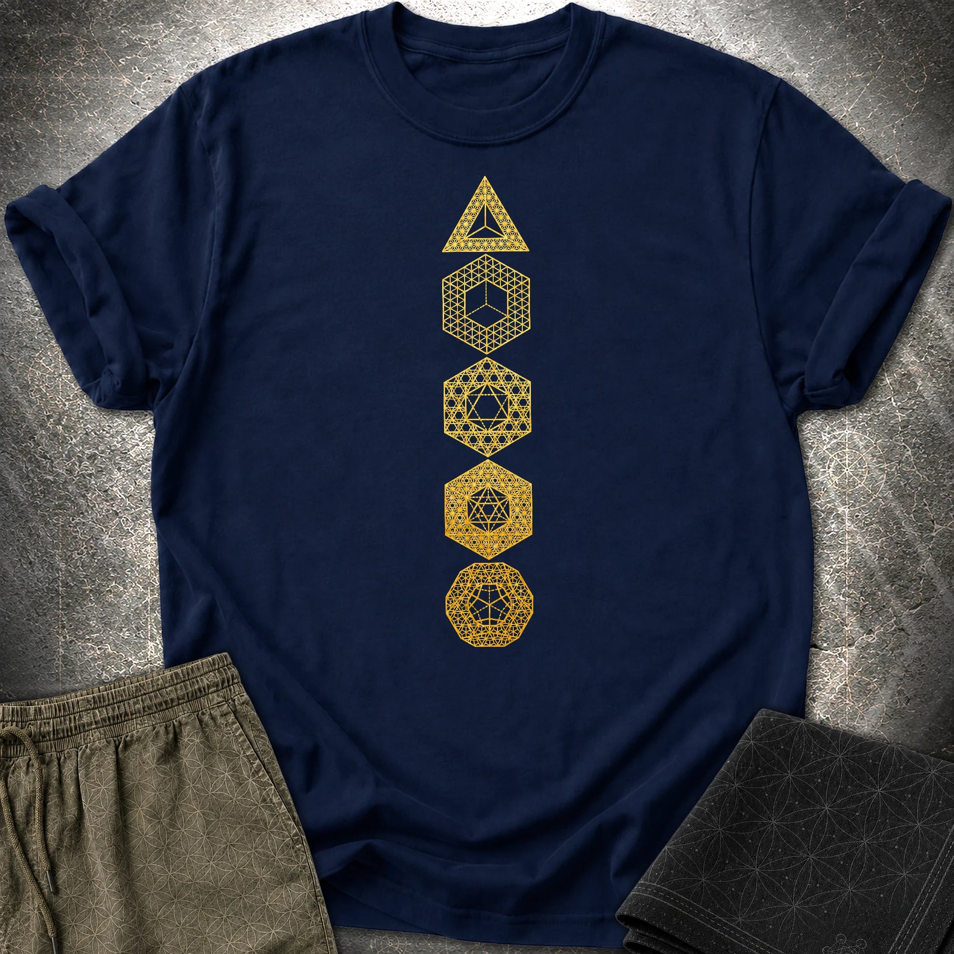 Platonic Solids Sacred Patterns T-Shirt - Platonic Solids Sacred Patterns T-Shirt - Navy