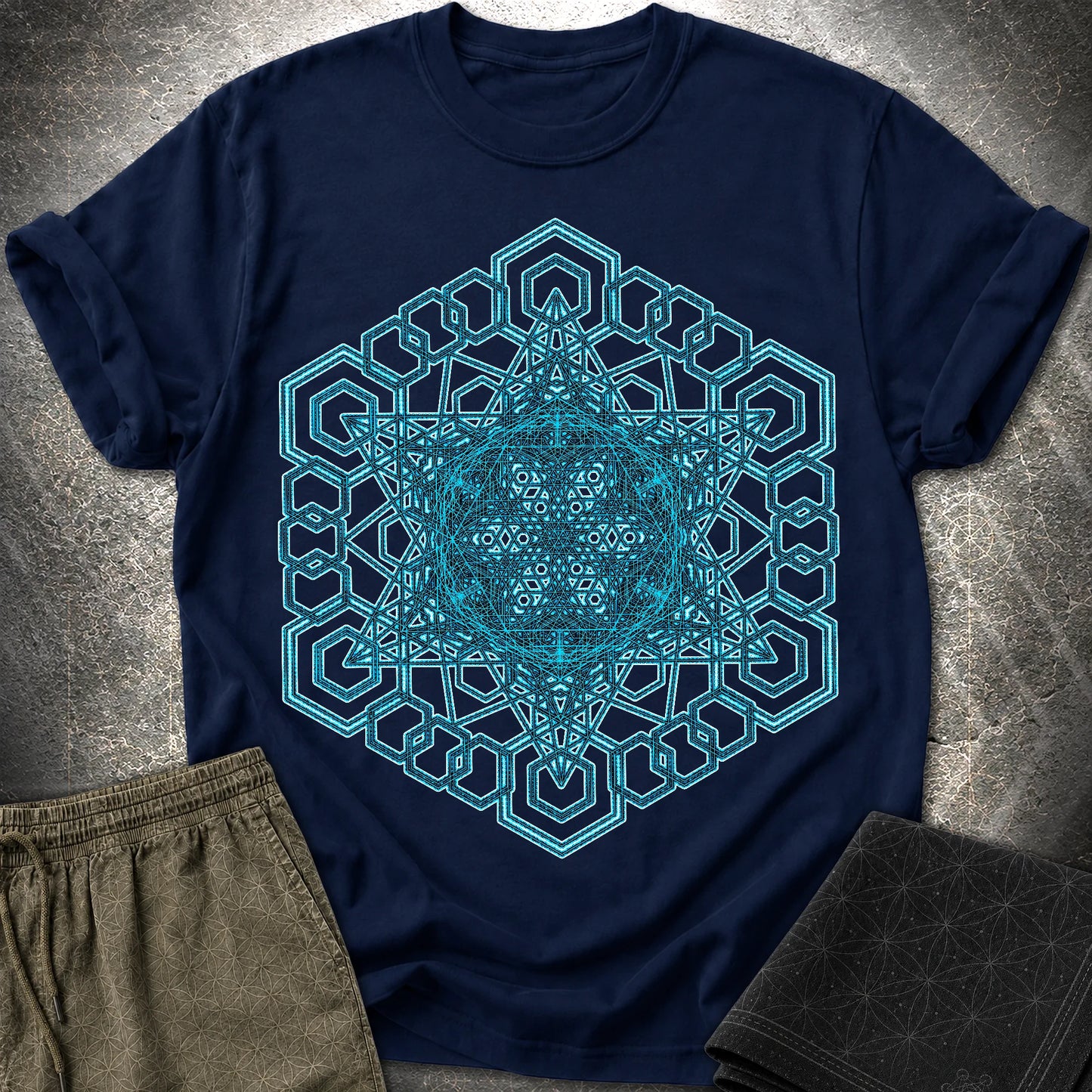 Sacred Geometry T-Shirt, Blue Geometric Mandala Shirt, Visionary Pattern Graphic Tee - Sacred Geometry T-Shirt, Blue Geometric Mandala Shirt, Visionary Pattern Graphic Tee - Navy