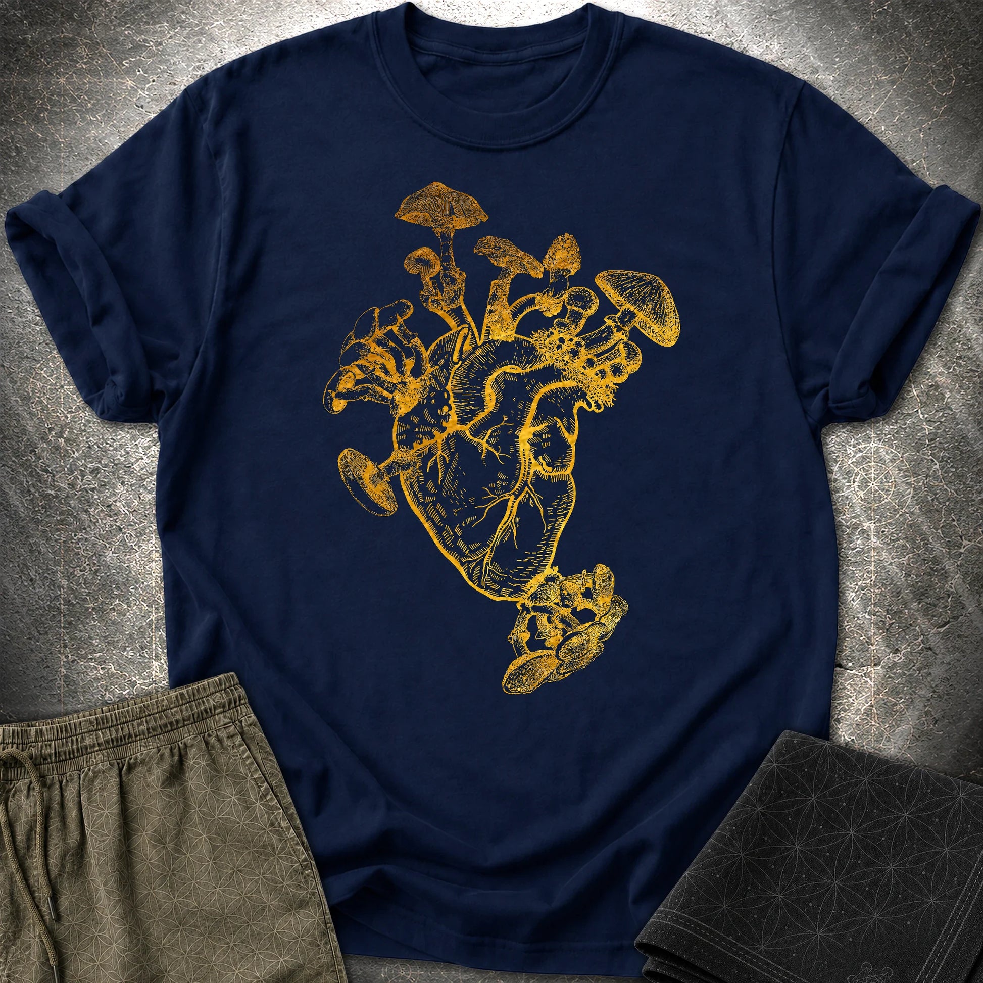 Mushroom Heart Gold T-Shirt - Mushroom Heart Gold T-Shirt - Navy