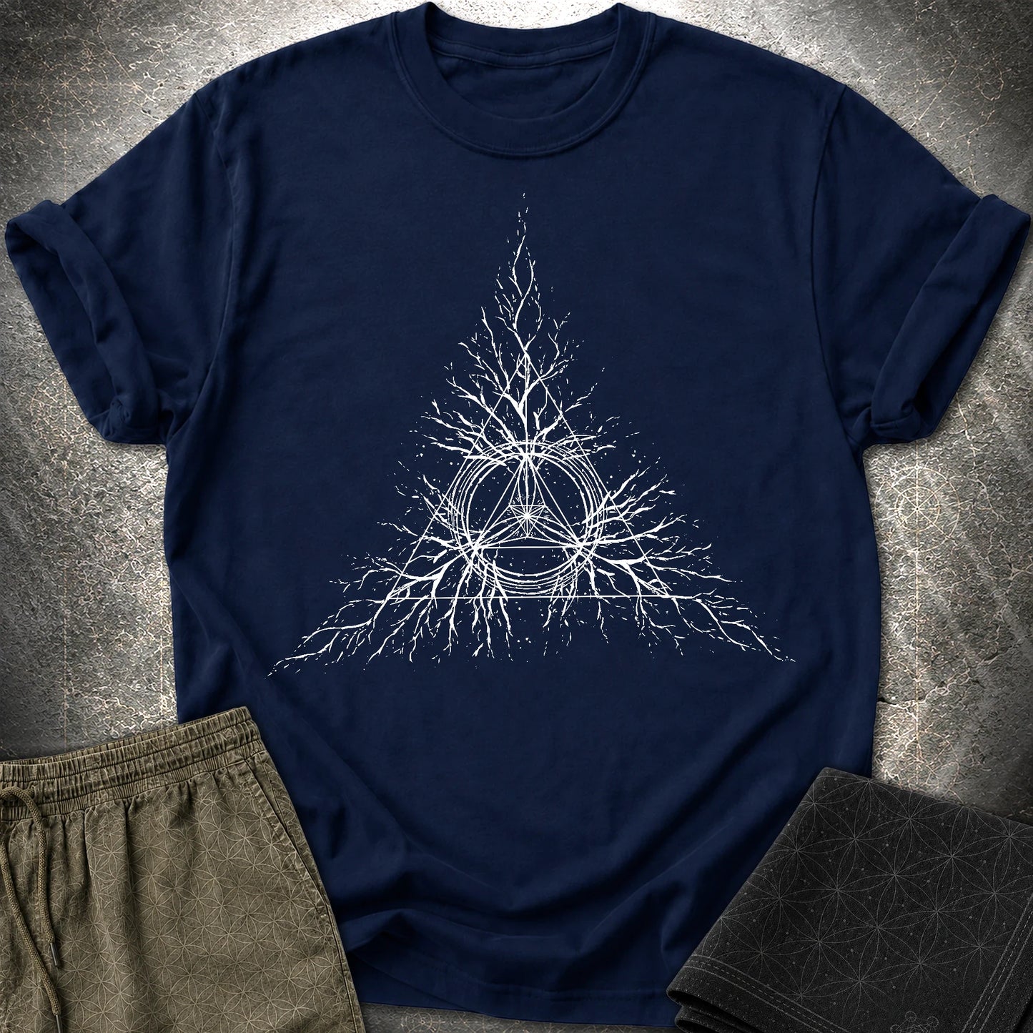 Sacred Geometry Roots T-Shirt, Spiritual Growth Shirt, Triangle Symbol Graphic Tee - Sacred Geometry Roots T-Shirt, Spiritual Growth Shirt, Triangle Symbol Graphic Tee - Navy