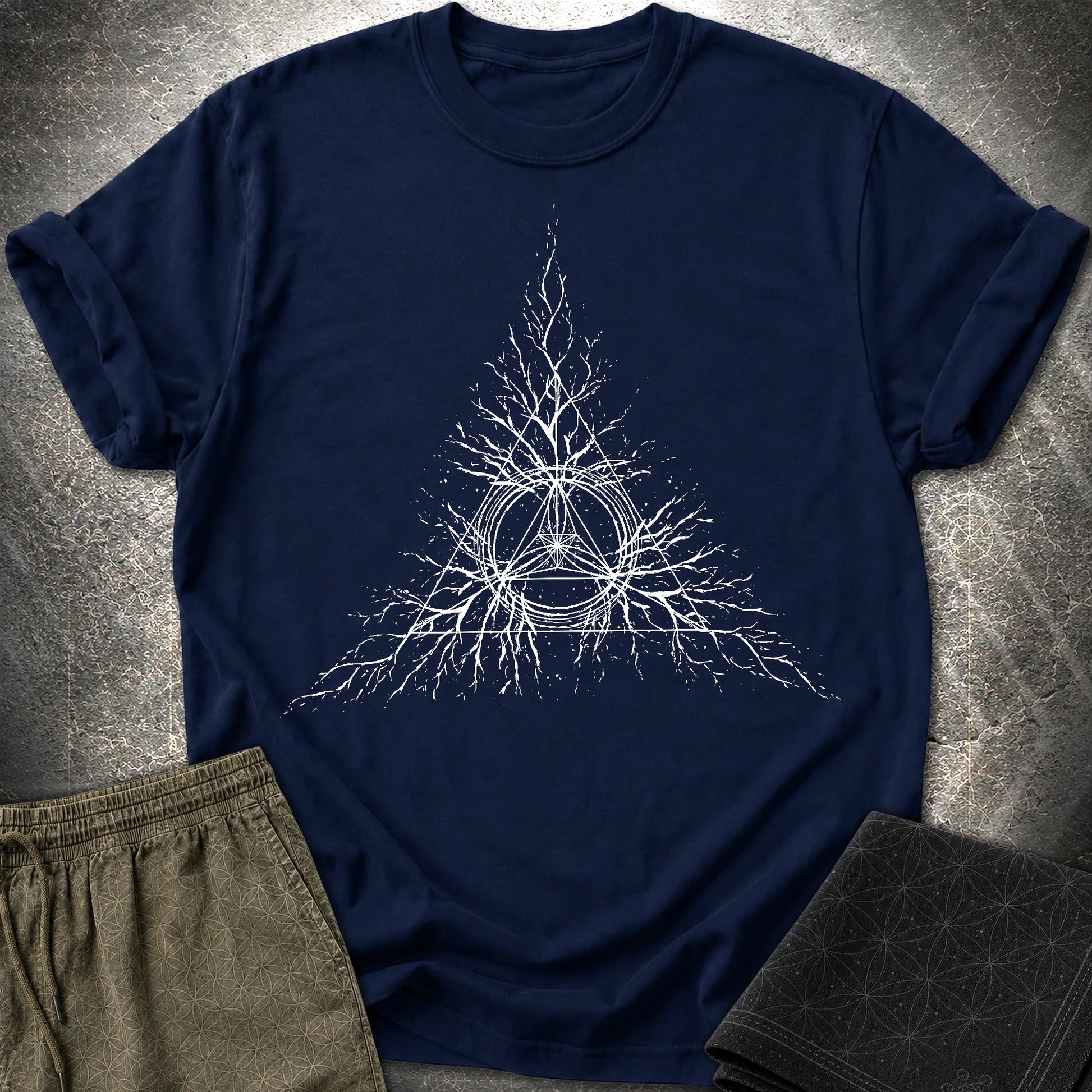 Sacred Geometry Roots T-Shirt, Spiritual Growth Shirt, Triangle Symbol Graphic Tee - Sacred Geometry Roots T-Shirt, Spiritual Growth Shirt, Triangle Symbol Graphic Tee - Navy