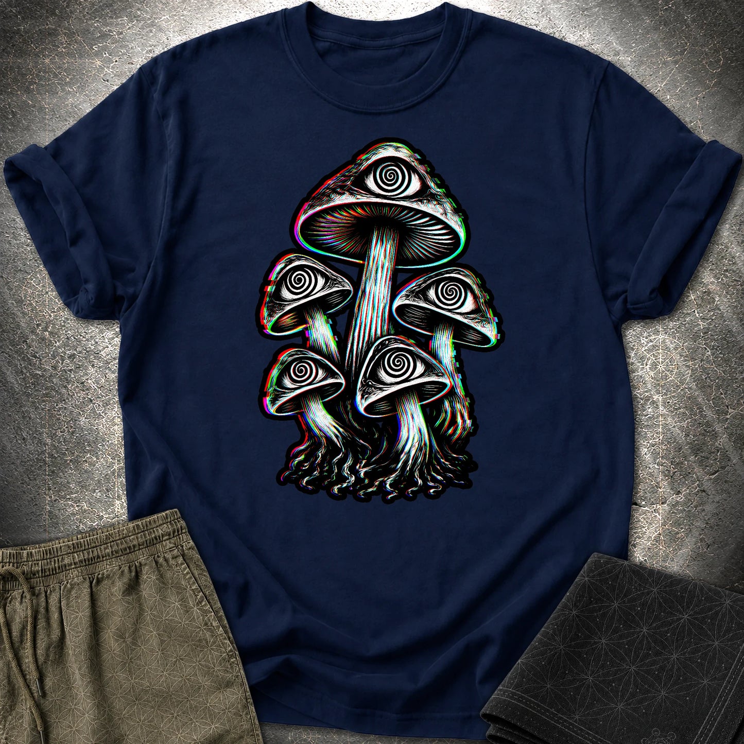 Hypnotic Mushroom T-Shirt, Psychedelic Eye Mushroom Shirt, Glitch Trippy Graphic Tee - Hypnotic Mushroom T-Shirt, Psychedelic Eye Mushroom Shirt, Glitch Trippy Graphic Tee - Navy