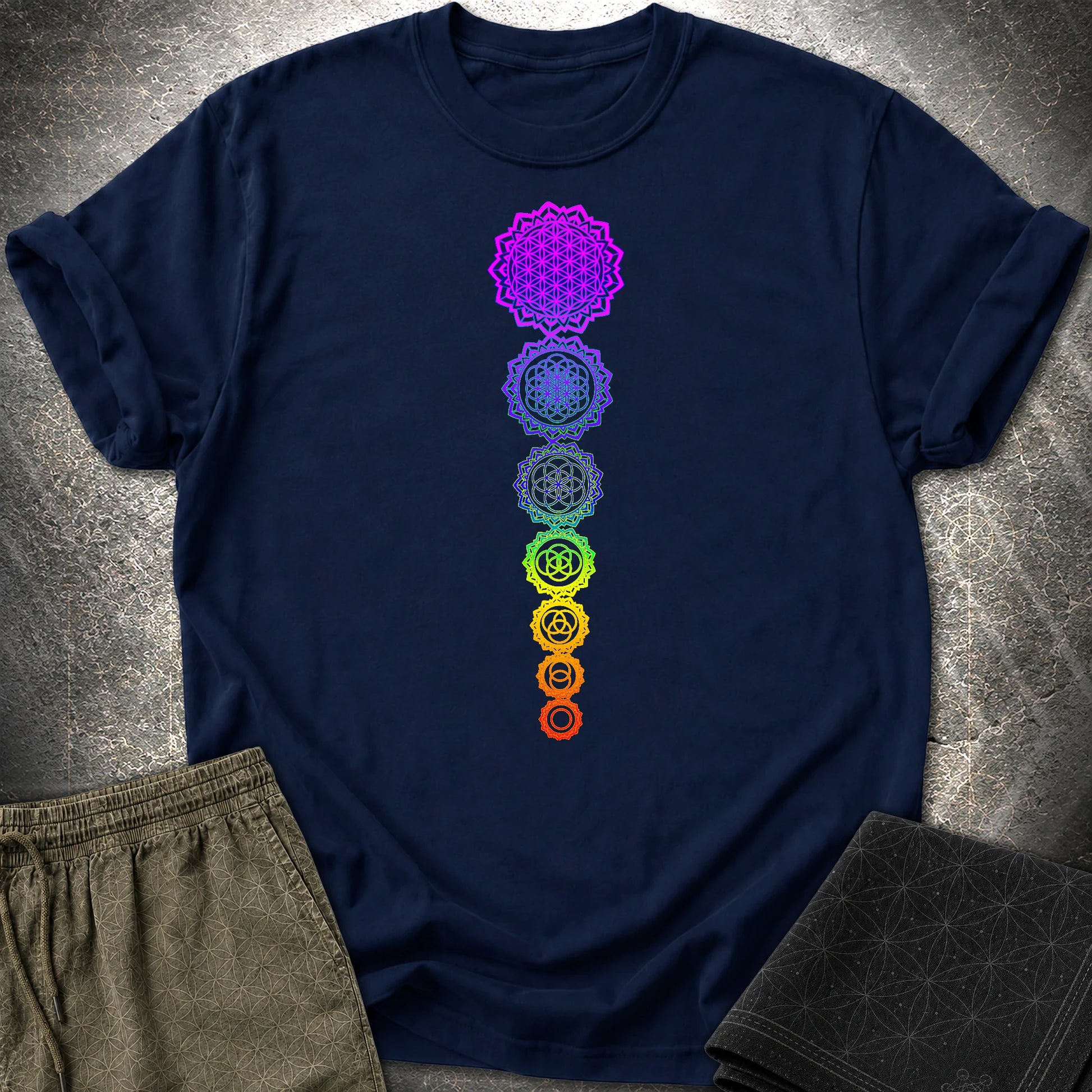 Flower Of Life Chakras T-Shirt - Flower Of Life Chakras T-Shirt - Navy
