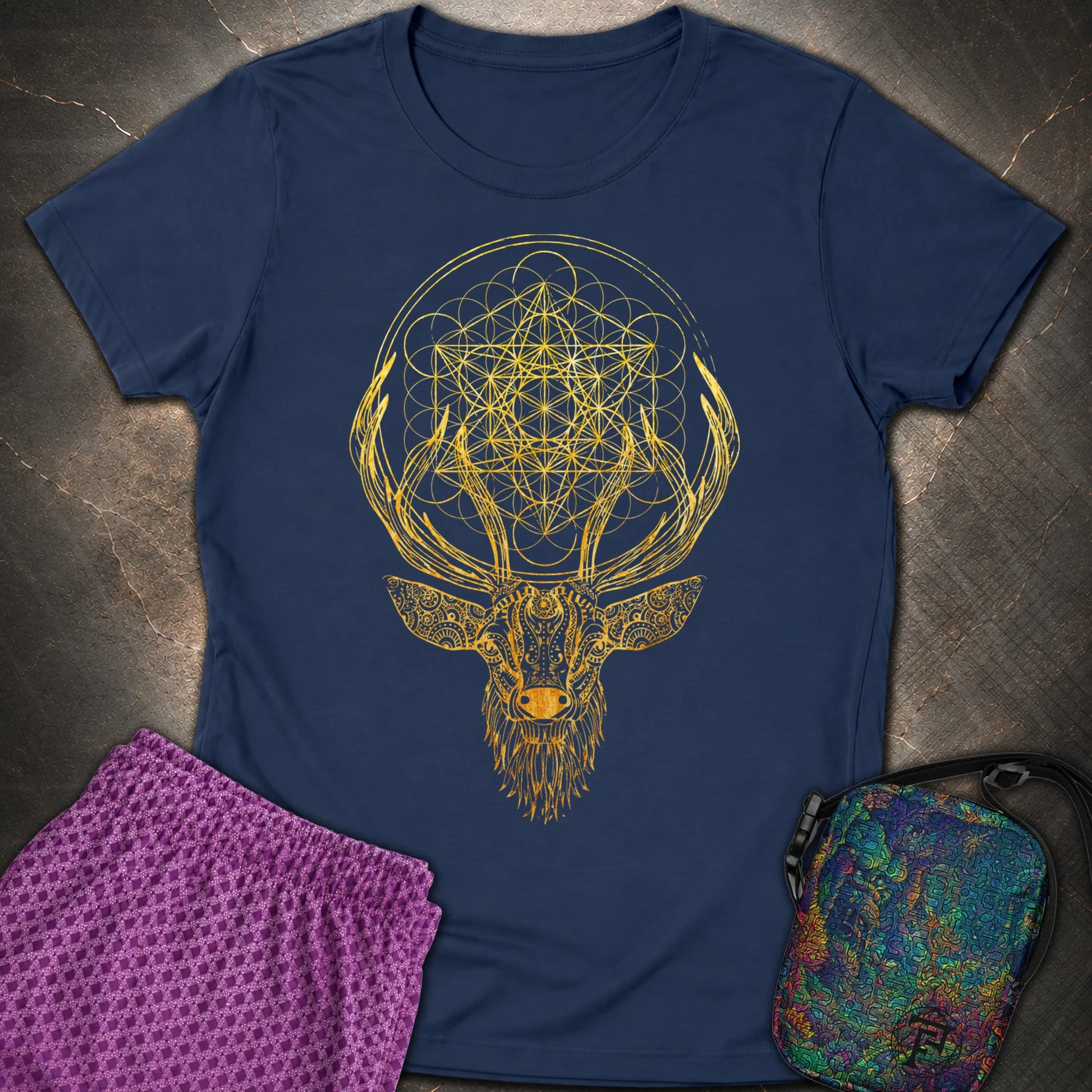 Metatron's Cube Deer T-Shirt - Metatron's Cube Deer Womens T-Shirt - Navy