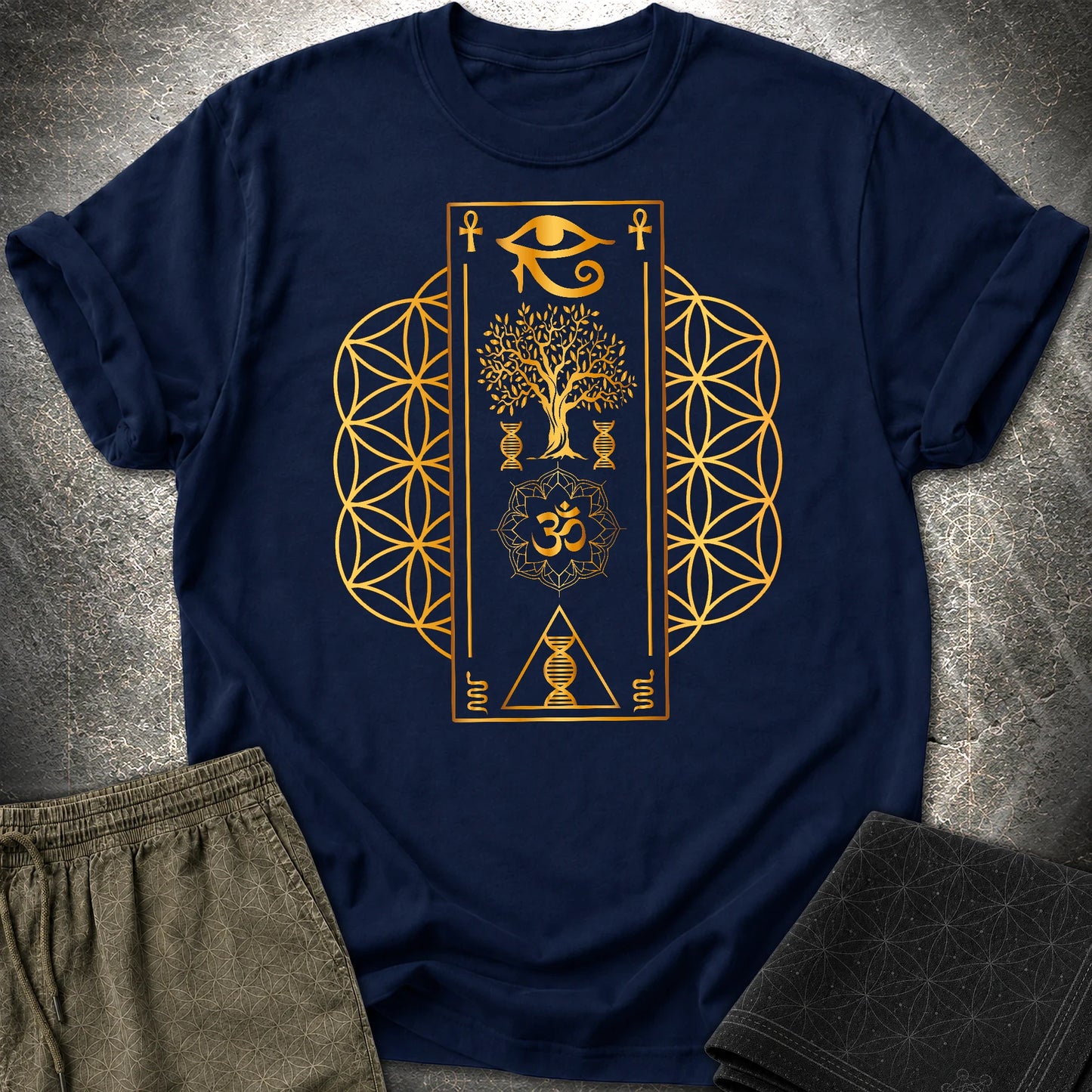 Flower Of Life Horus Egypt T-Shirt - Flower Of Life Horus Egypt T-Shirt - Navy