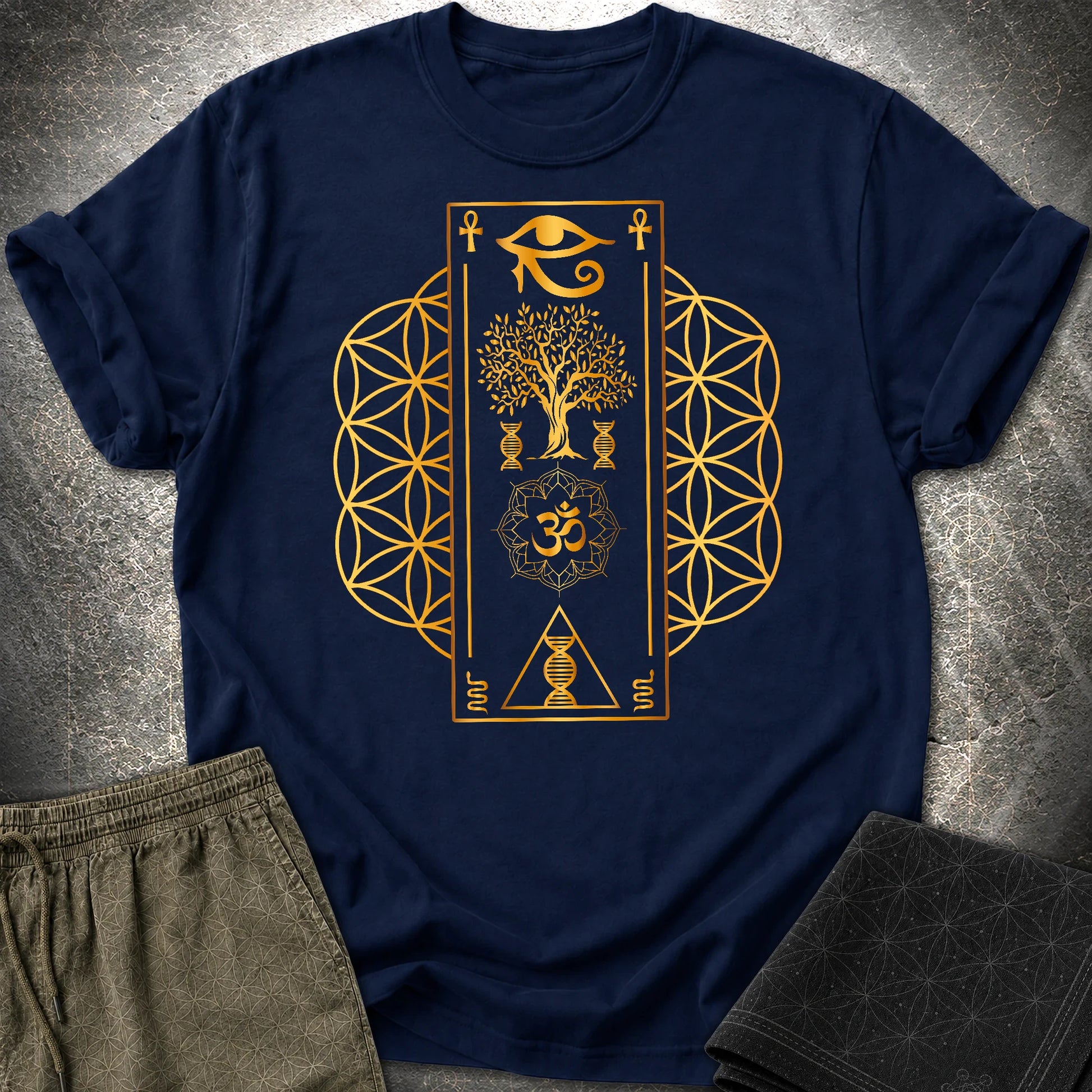 Flower Of Life Horus Egypt T-Shirt - Flower Of Life Horus Egypt T-Shirt - Navy