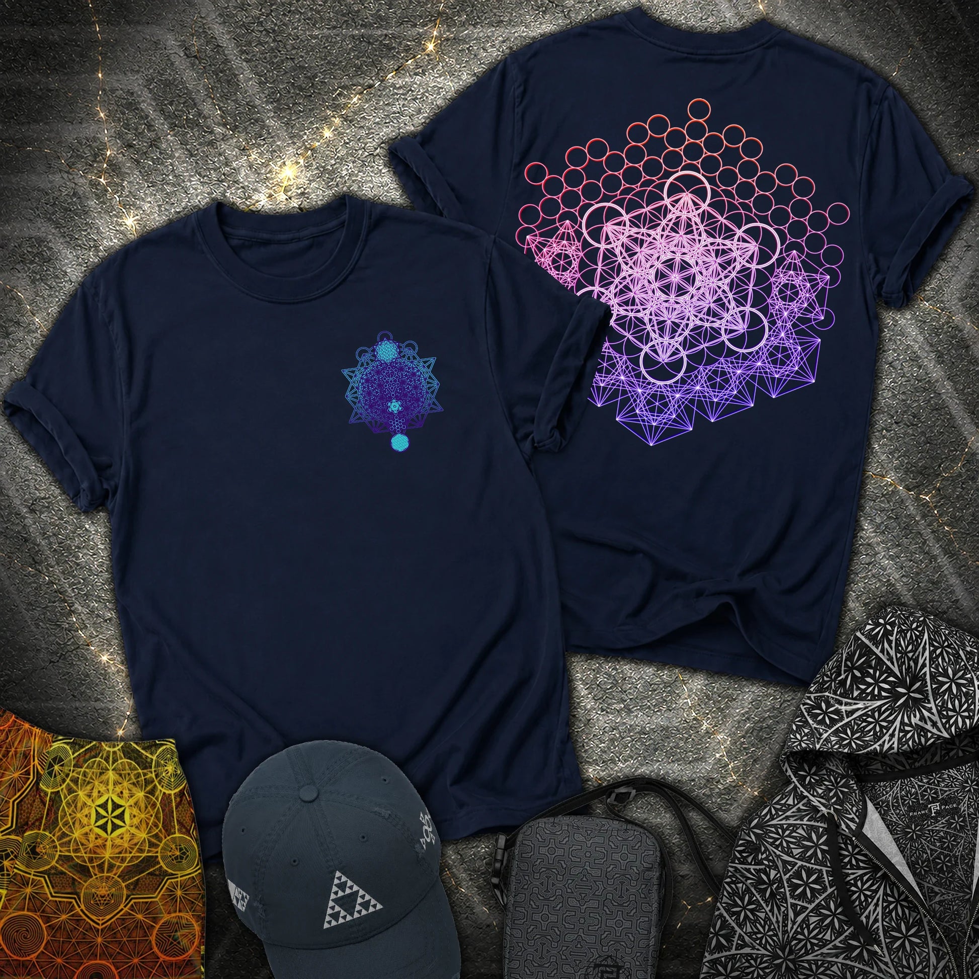 Metatron And Flower Connection Comfort 2 Sided T-Shirt - Metatron And Flower Connection 2 Sided T-Shirt - Navy