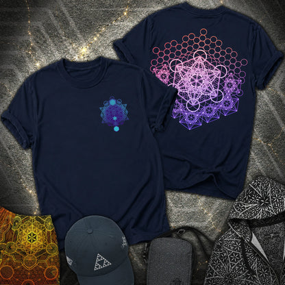 Metatron And Flower Connection Comfort 2 Sided T-Shirt - Metatron And Flower Connection 2 Sided T-Shirt - Navy