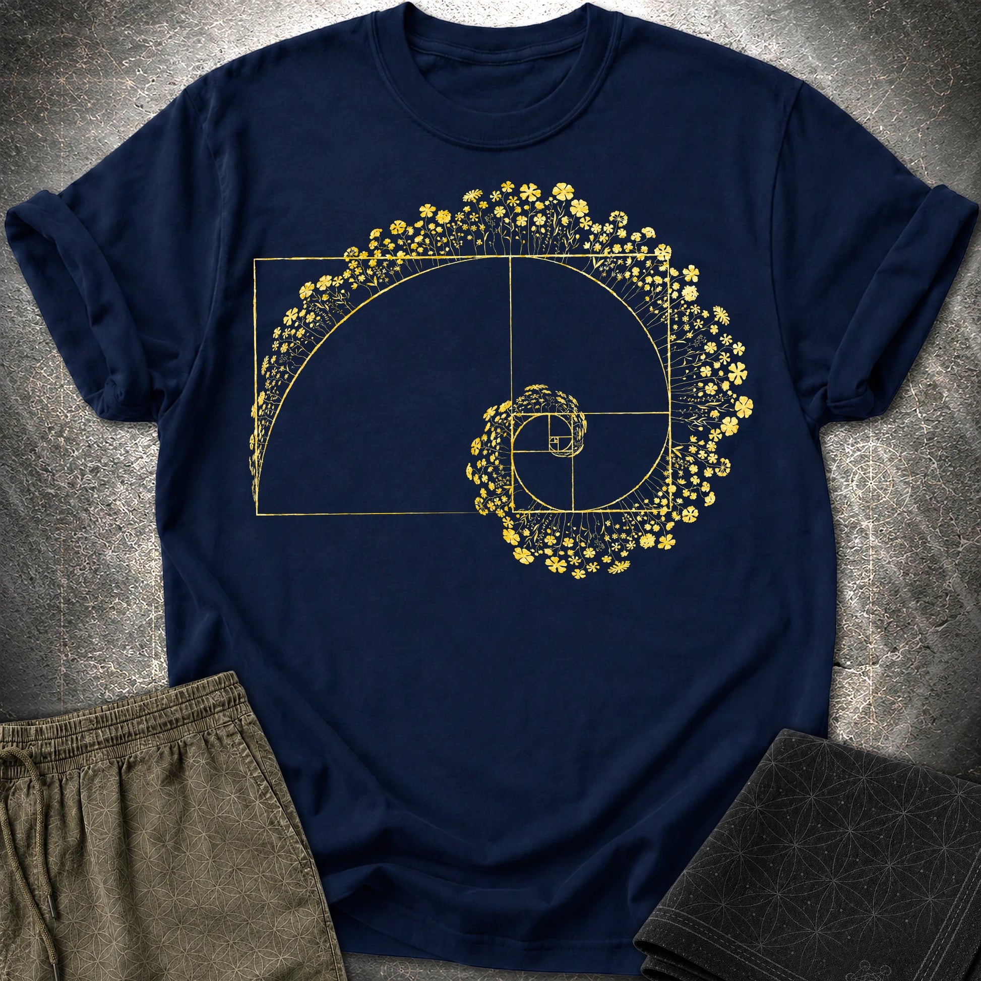 Golden Ratio Flower Spiral T-Shirt, Fibonacci Sacred Geometry Shirt, Botanical Math Graphic Tee - Golden Ratio Flower Spiral T-Shirt, Fibonacci Sacred Geometry Shirt, Botanical Math Graphic Tee - Navy