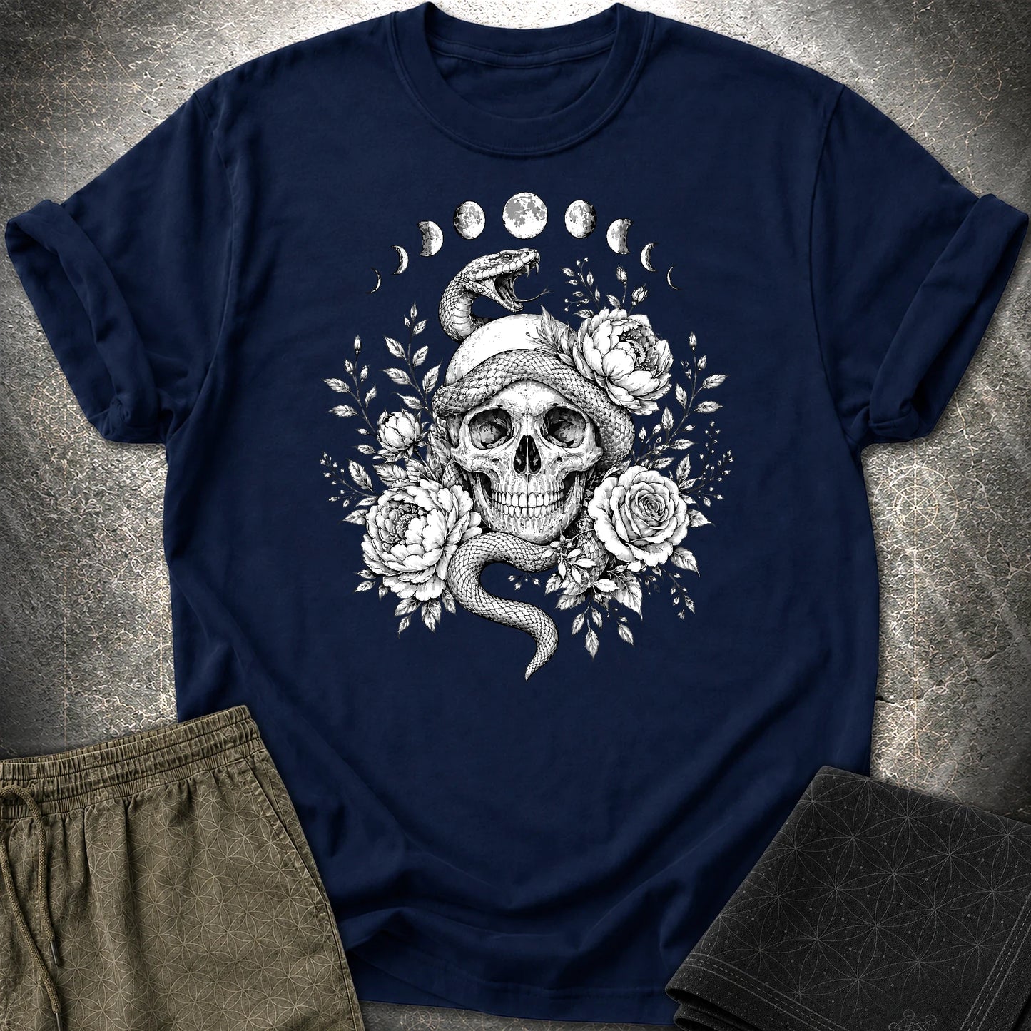 Skull Snake Moon Phases - Skull Snake Moon Phases T-Shirt - Navy