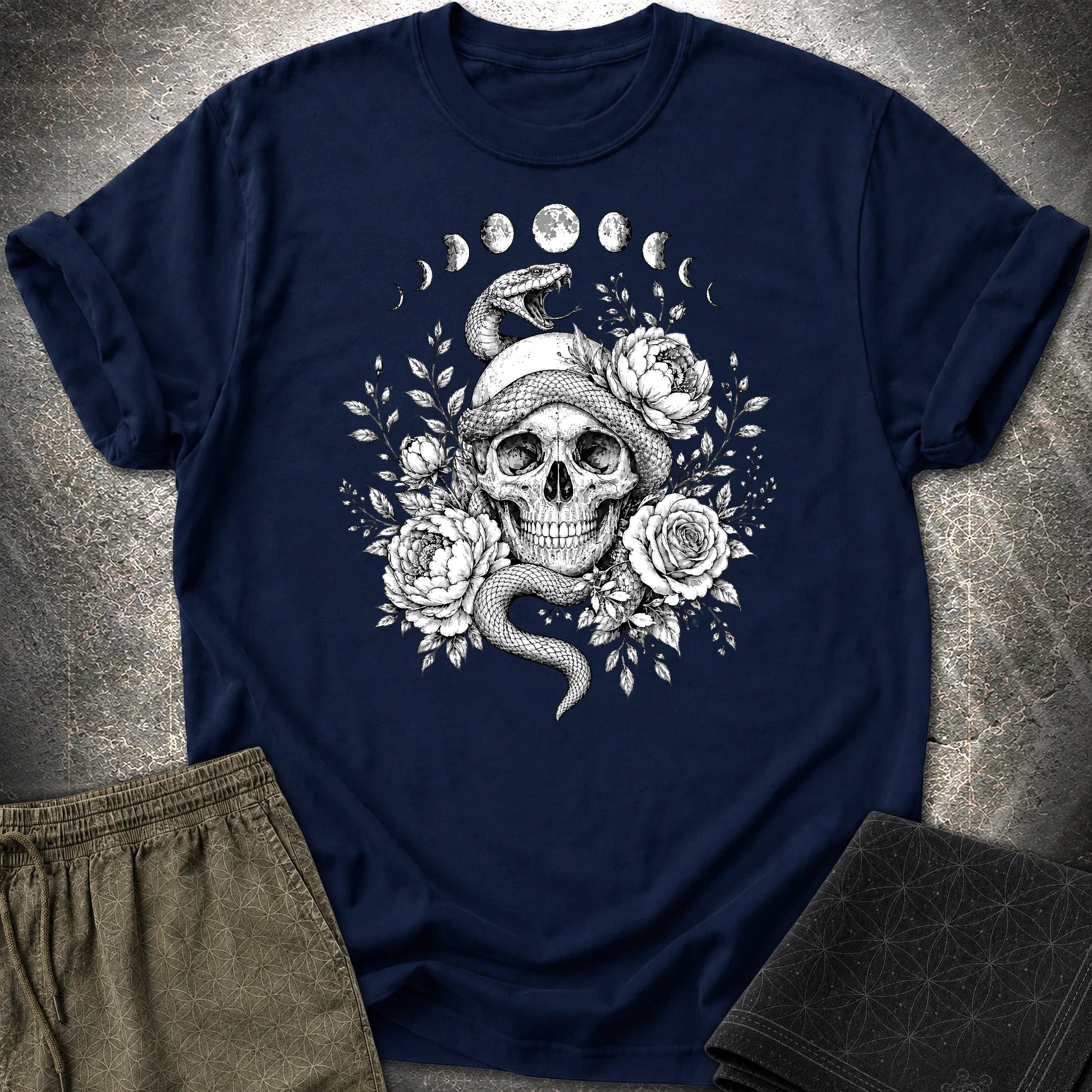 Skull Snake Moon Phases - Skull Snake Moon Phases T-Shirt - Navy