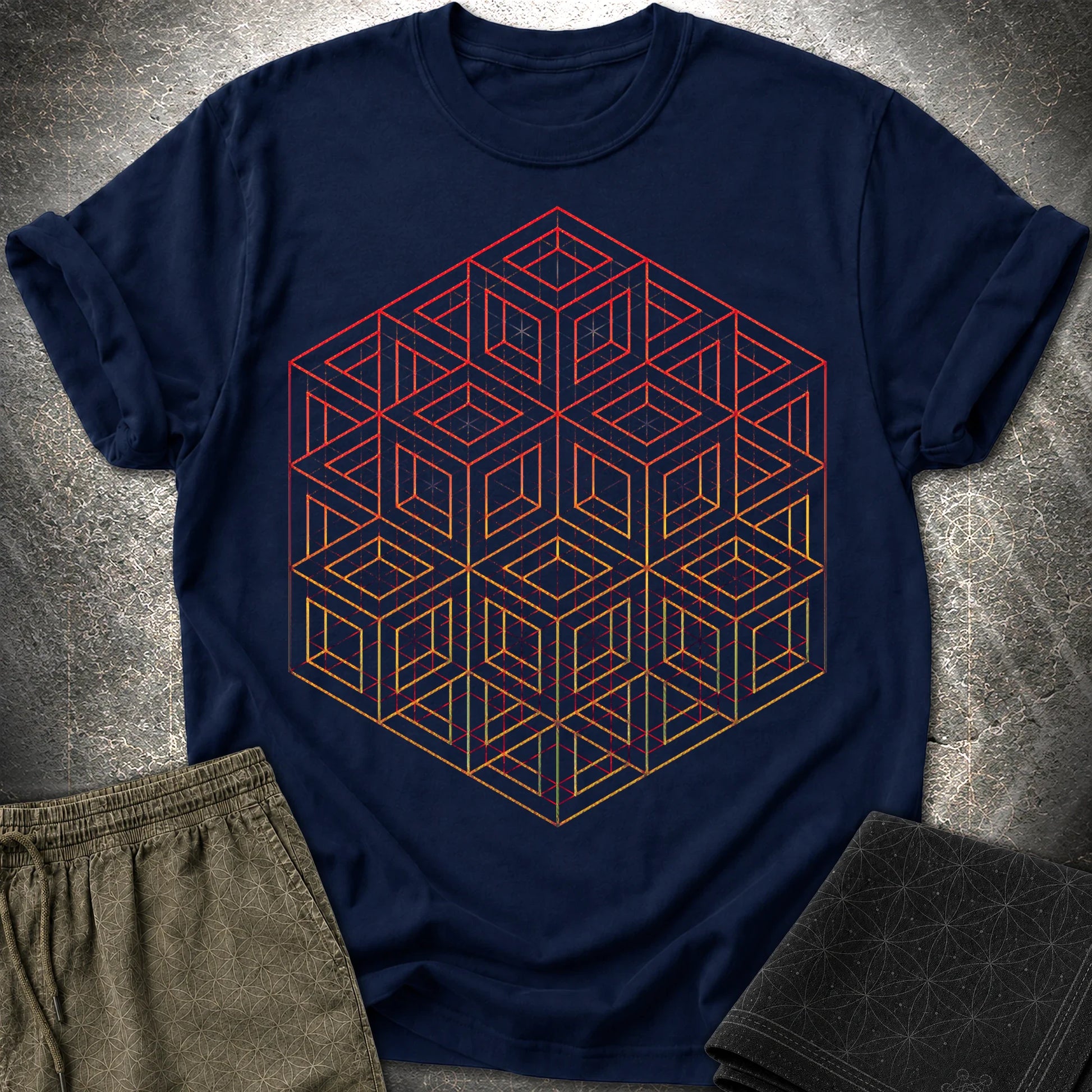 3D Wireframe Cube T-Shirt - 3D Wireframe Cube T-Shirt - Navy