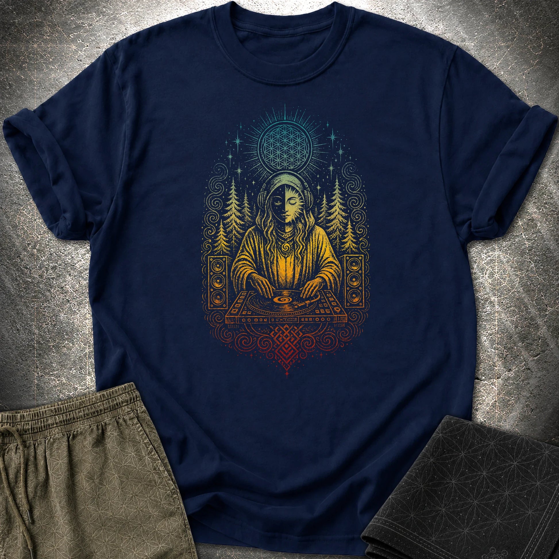Mystic DJ T-Shirt, Psychedelic Rave Goddess Shirt, Sacred Geometry Festival Graphic Tee - Mystic DJ T-Shirt, Psychedelic Rave Goddess Shirt, Sacred Geometry Festival Graphic Tee - Navy
