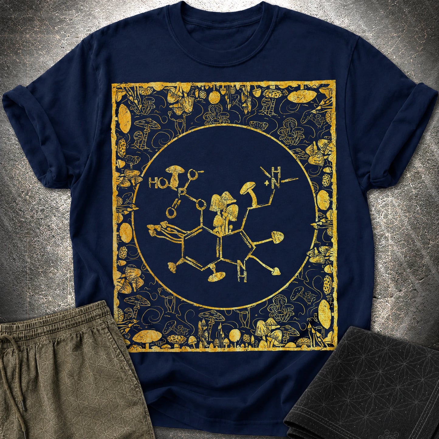 Psilocybin Molecule Mushroom Frame - Psilocybin Molecule Mushroom Frame  T-Shirt - Navy