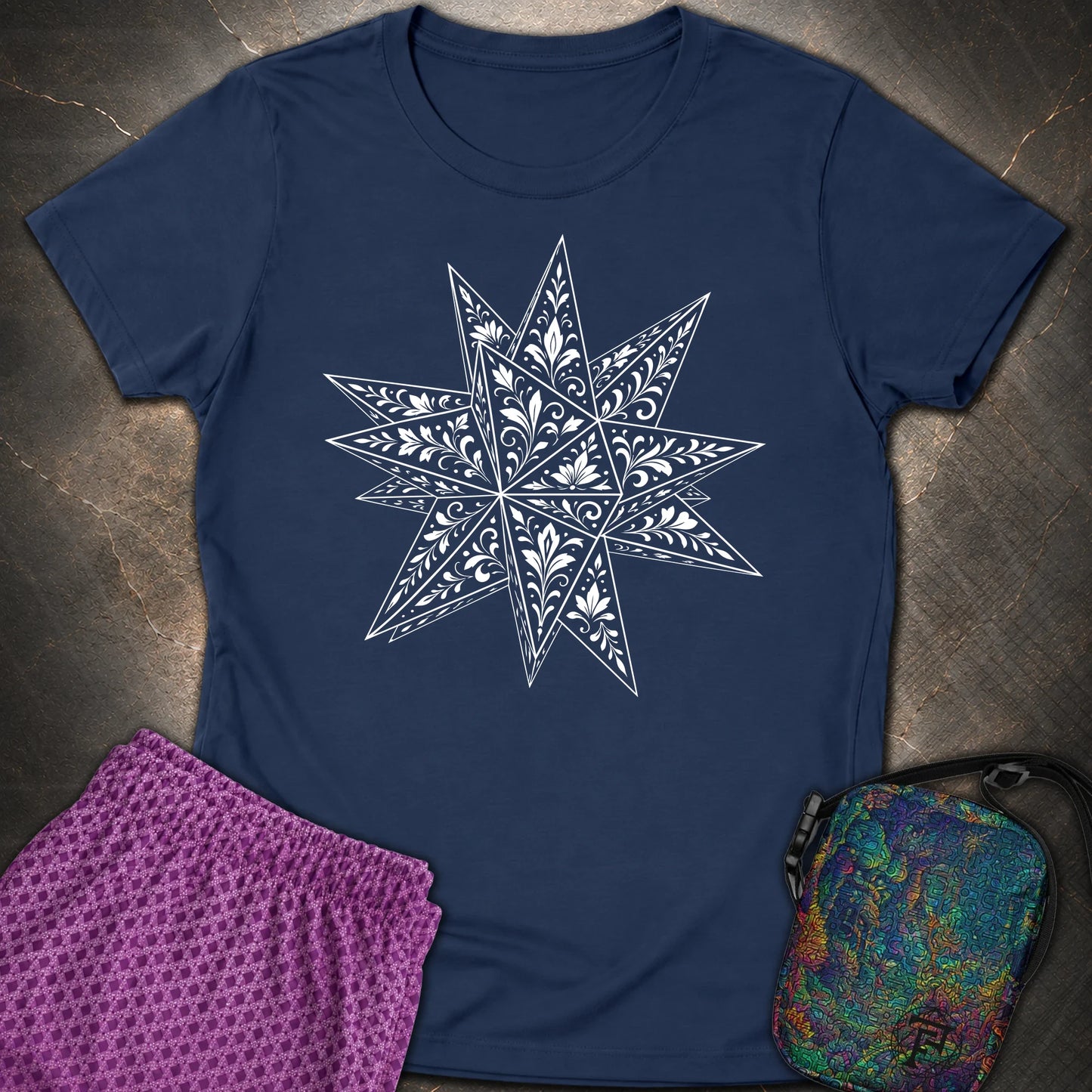 White Floral Stellated Dodecahedron - White Floral Stellated Dodecahedron Womens T-Shirt - Navy