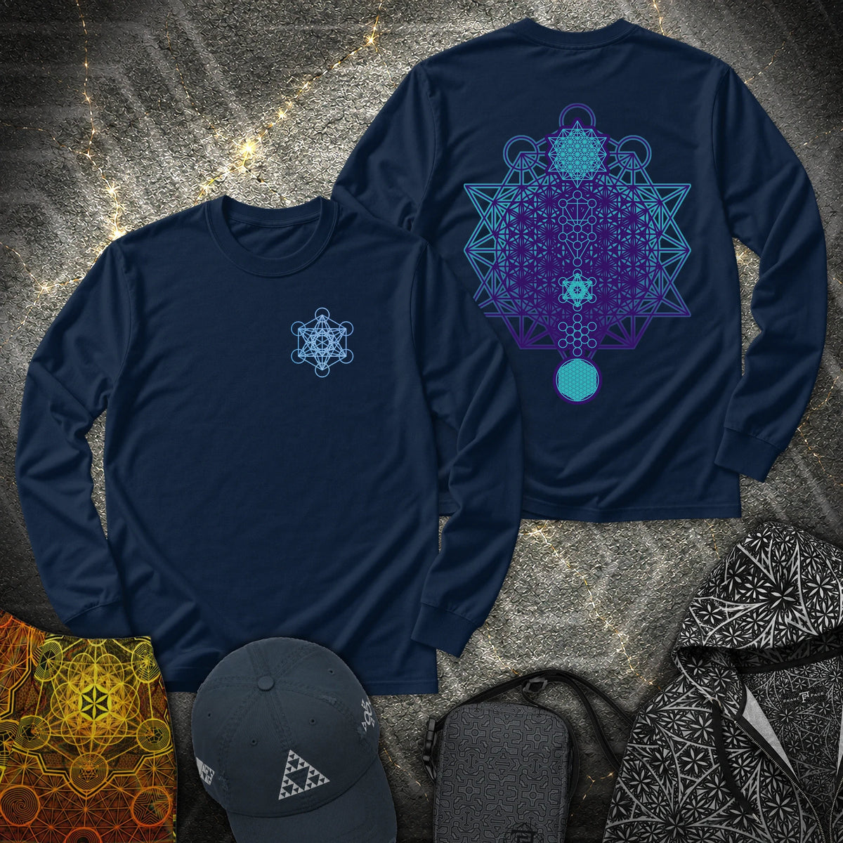 All The Sacred Geometry 2 Sided - All The Sacred Geometry 2 Sided Long Sleeve Shirt - Navy