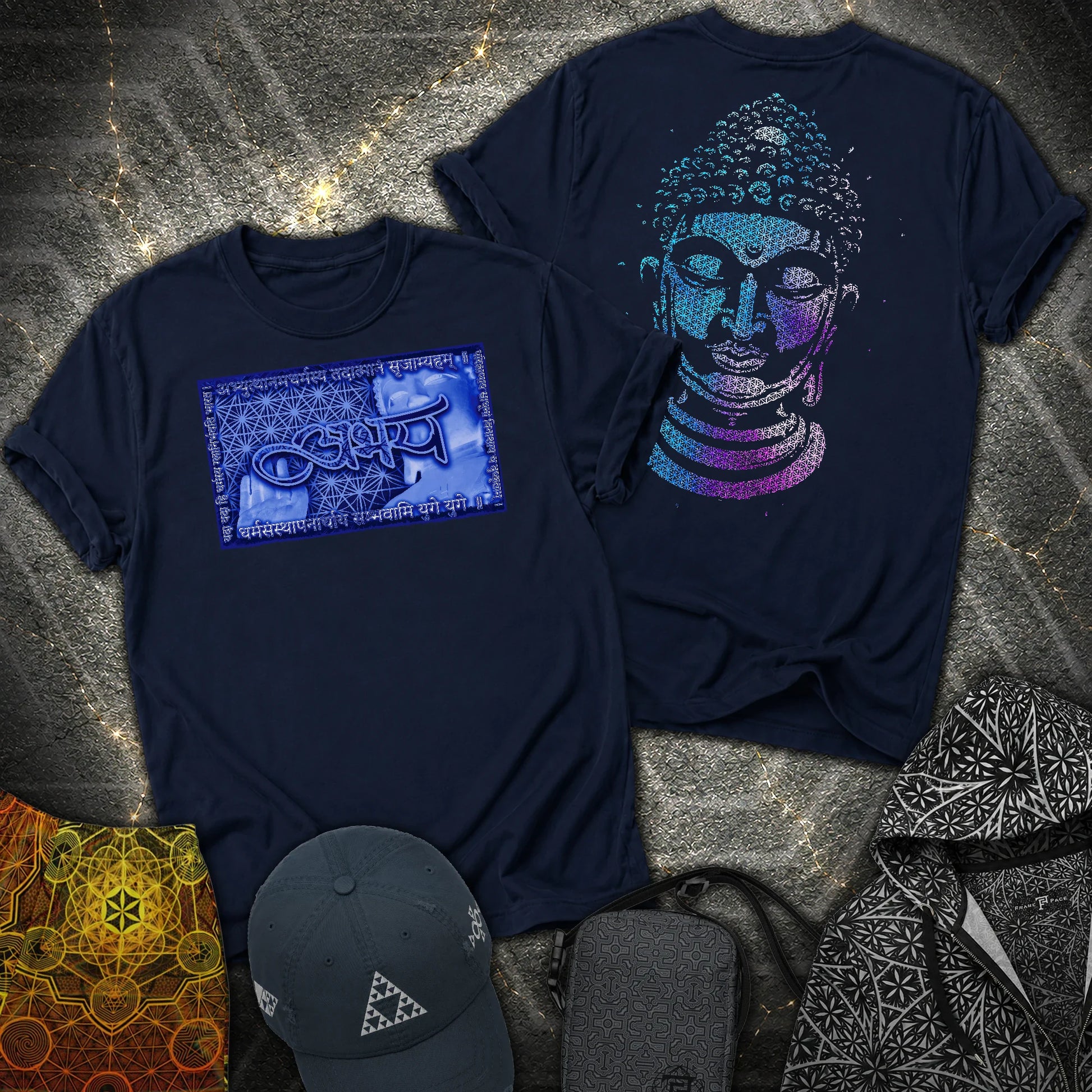 Fearless Buddha Sanskrit Flower Of Life 2 Sided T-Shirt - Fearless Buddha Sanskrit Flower Of Life 2 Sided T-Shirt - Navy