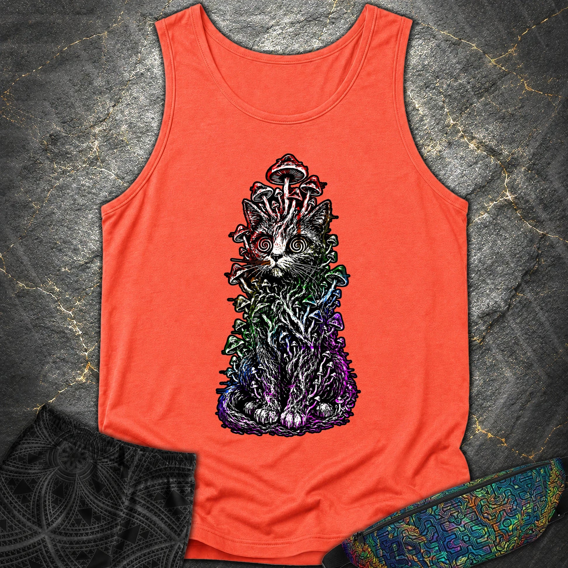 Trippy Mushroom Cat Comfort Tank - Trippy Mushroom Cat Comfort Tank - Neon Red Orange