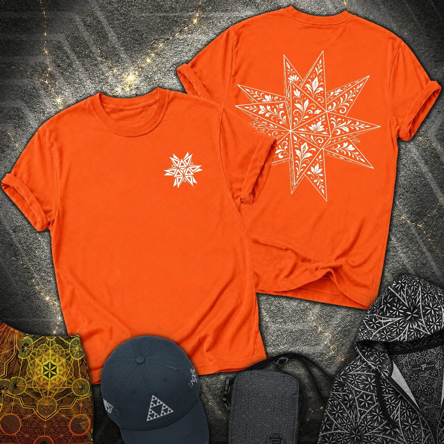 White Floral Stellated Dodecahedron 2 Sided T-Shirt - White Floral Stellated Dodecahedron 2 Sided T-Shirt - Orange
