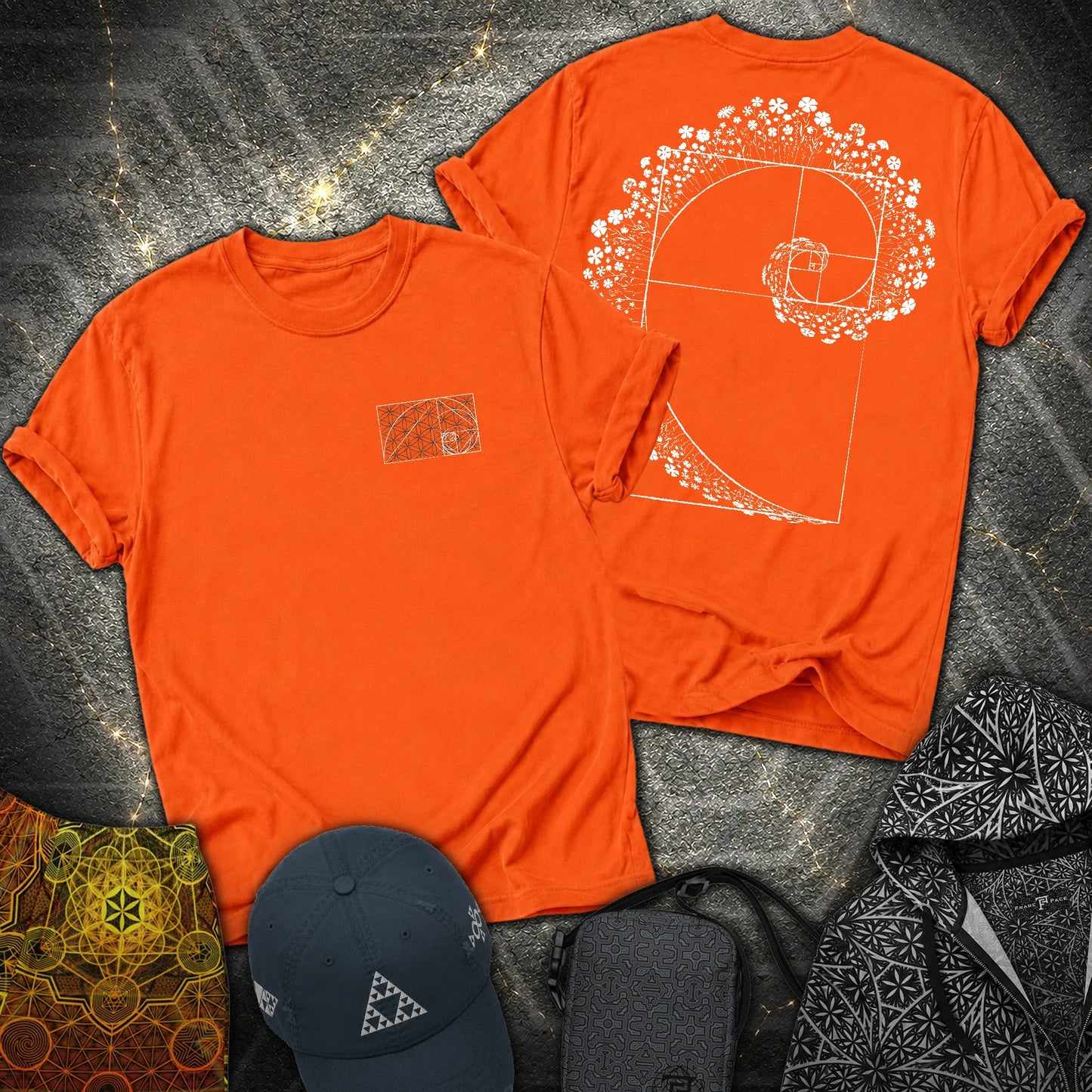 Floral Golden Ratio Spiral 2 Sided T-Shirt - Floral Golden Ratio Spiral 2 Sided T-Shirt - Orange