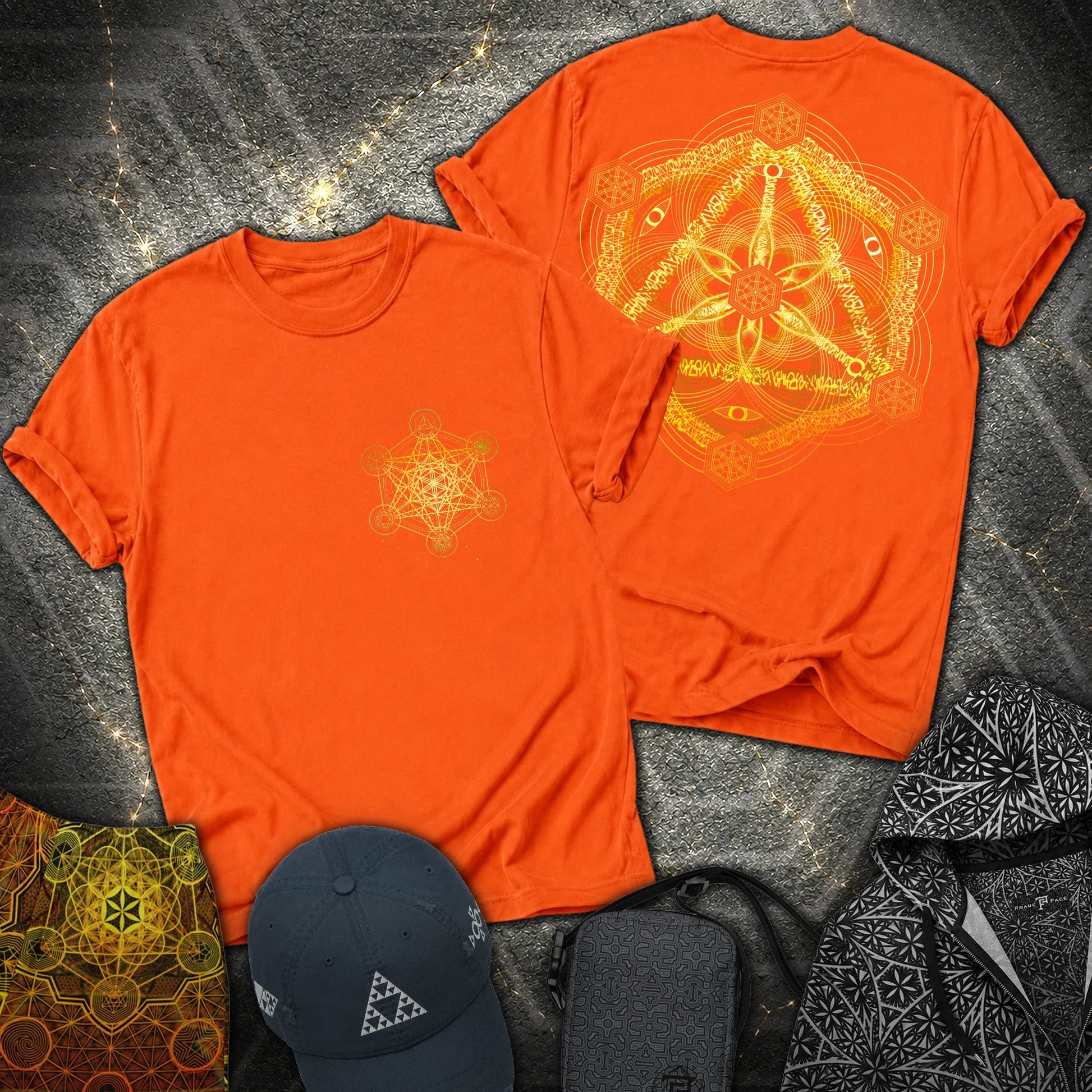 Interdimensional Tesseract Metatron 2 Sided T-Shirt - Interdimensional Tesseract Metatron 2 Sided T-Shirt - Orange