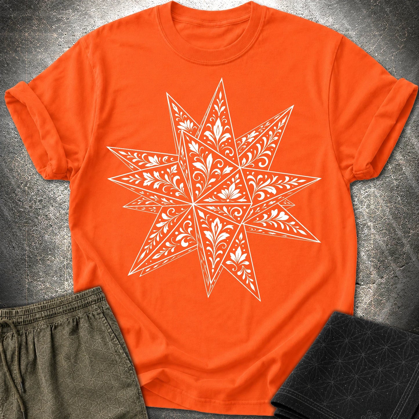White Floral Stellated Dodecahedron - White Floral Stellated Dodecahedron T-Shirt - Orange