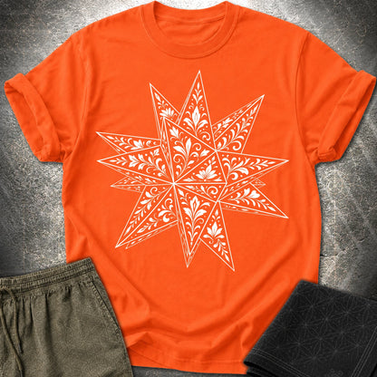 White Floral Stellated Dodecahedron - White Floral Stellated Dodecahedron T-Shirt - Orange